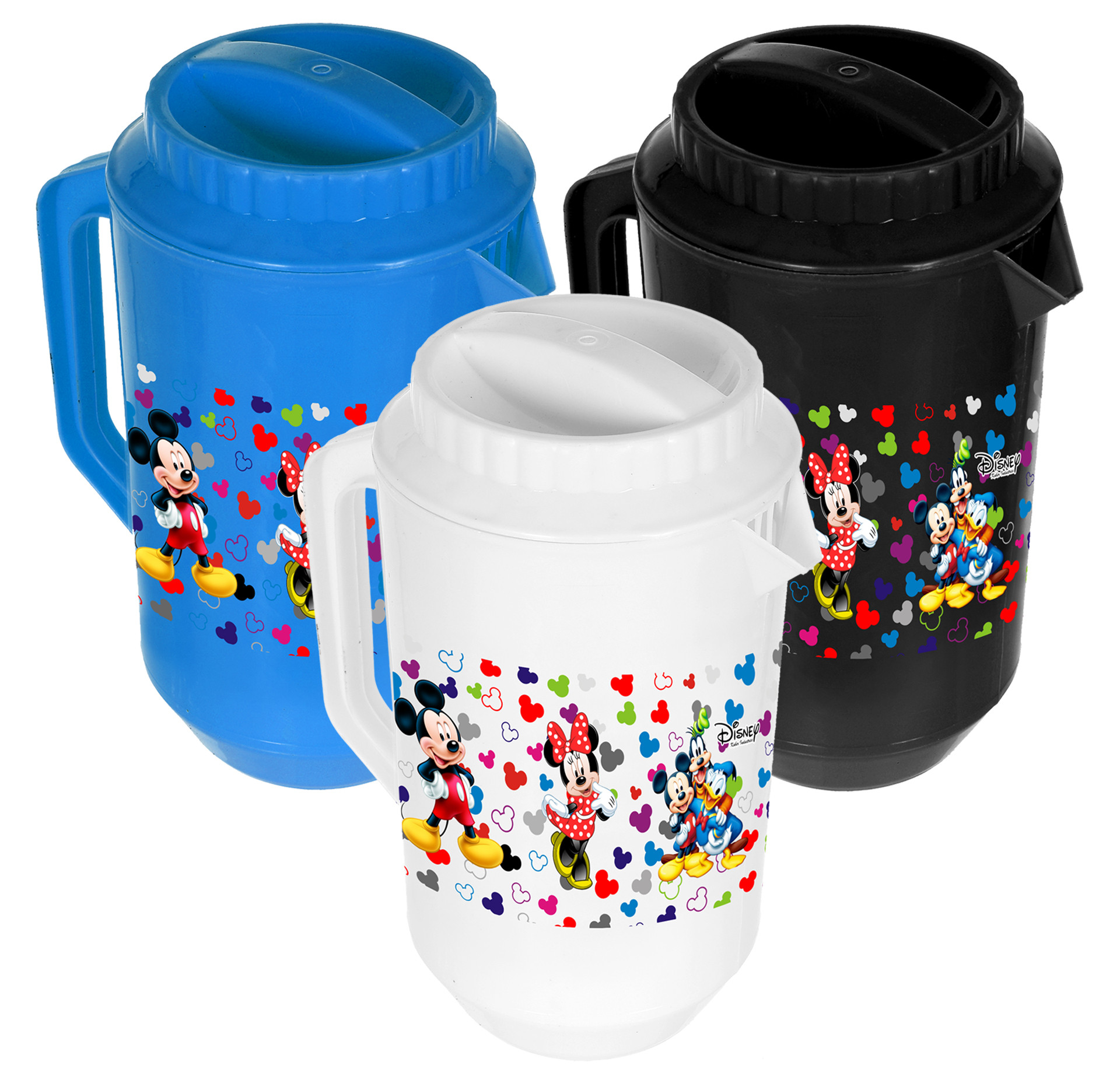 Kuber Industries Disney Team Mickey Print Unbreakable Multipurpose Plastic Water & Juice Jug With Lid,2 Ltr (Set of 3,Blue & Black & White)