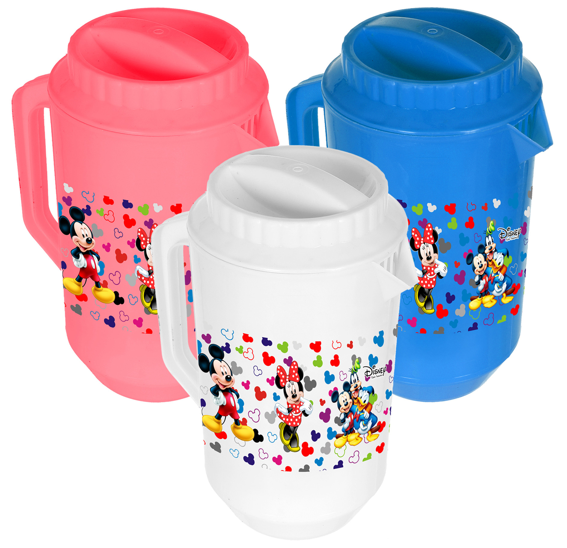 Kuber Industries Disney Team Mickey Print Unbreakable Multipurpose Plastic Water & Juice Jug With Lid,2 Ltr (Set of 3,Pink & Blue & White)