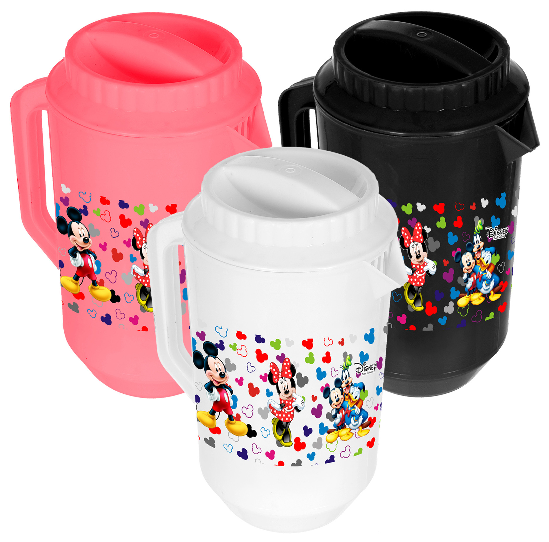 Kuber Industries Disney Team Mickey Print Unbreakable Multipurpose Plastic Water & Juice Jug With Lid,2 Ltr (Set of 3,Pink & Black & White)