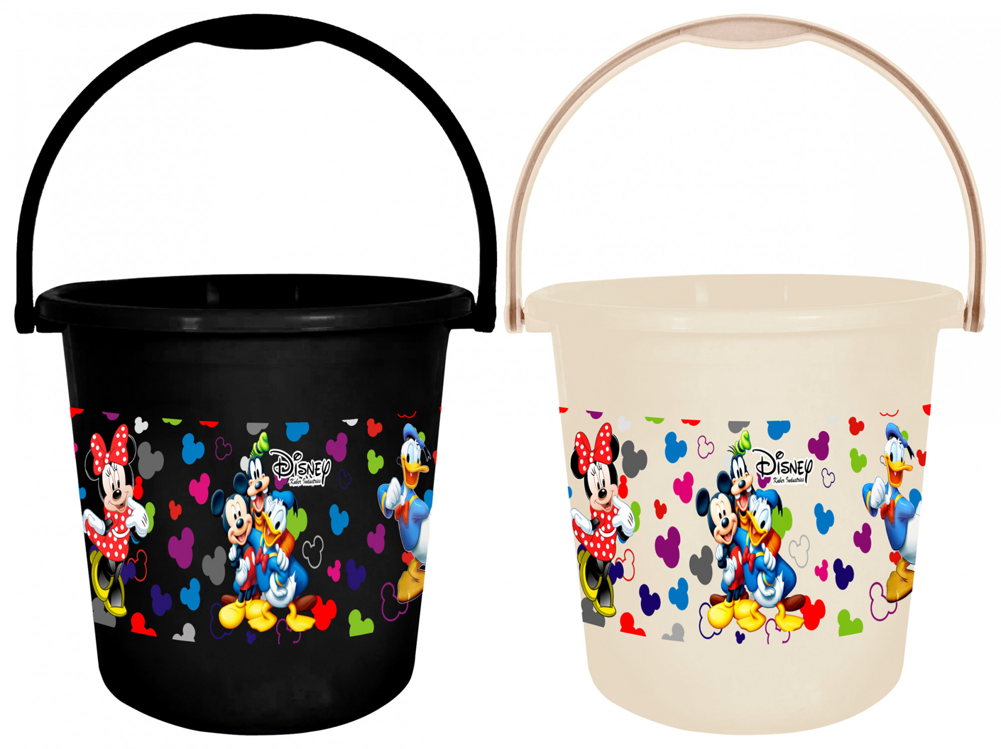 Kuber Industries Disney Team Mickey Print Unbreakable Virgin Plastic Strong Bathroom Bucket ,18 LTR-Pack of 2 (Black & Cream)