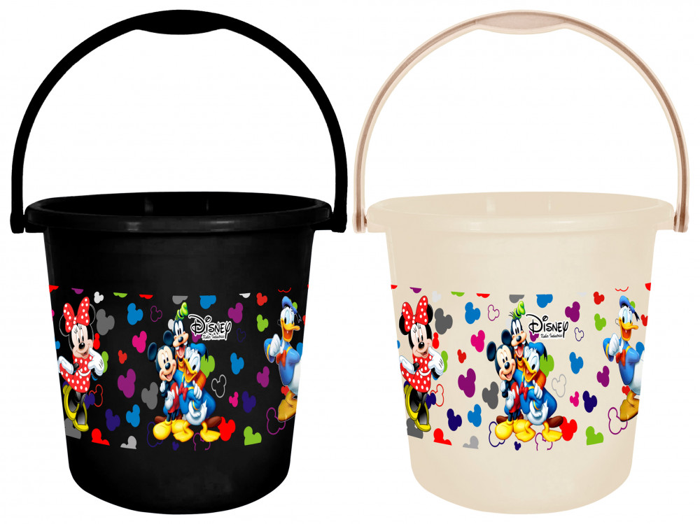 Kuber Industries Disney Team Mickey Print Unbreakable Virgin Plastic Strong Bathroom Bucket ,18 LTR-Pack of 2 (Black &amp; Cream)