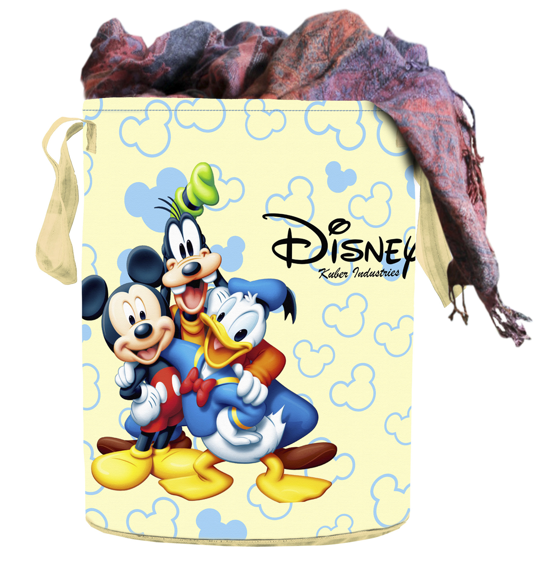 Kuber Industries Disney Team Mickey Round Non Woven Fabric Foldable Laundry Basket , Toy Storage Basket, Cloth Storage Basket With Handles,45 Ltr (Cream)-KUBMRT12049