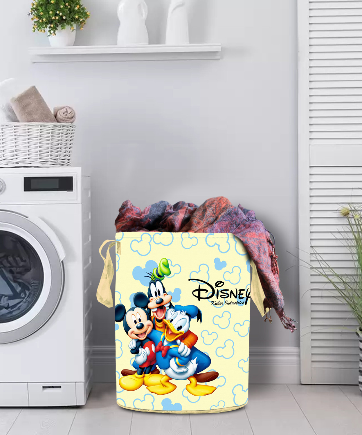 Kuber Industries Disney Team Mickey Round Non Woven Fabric Foldable Laundry Basket , Toy Storage Basket, Cloth Storage Basket With Handles,45 Ltr (Cream)-KUBMRT12049
