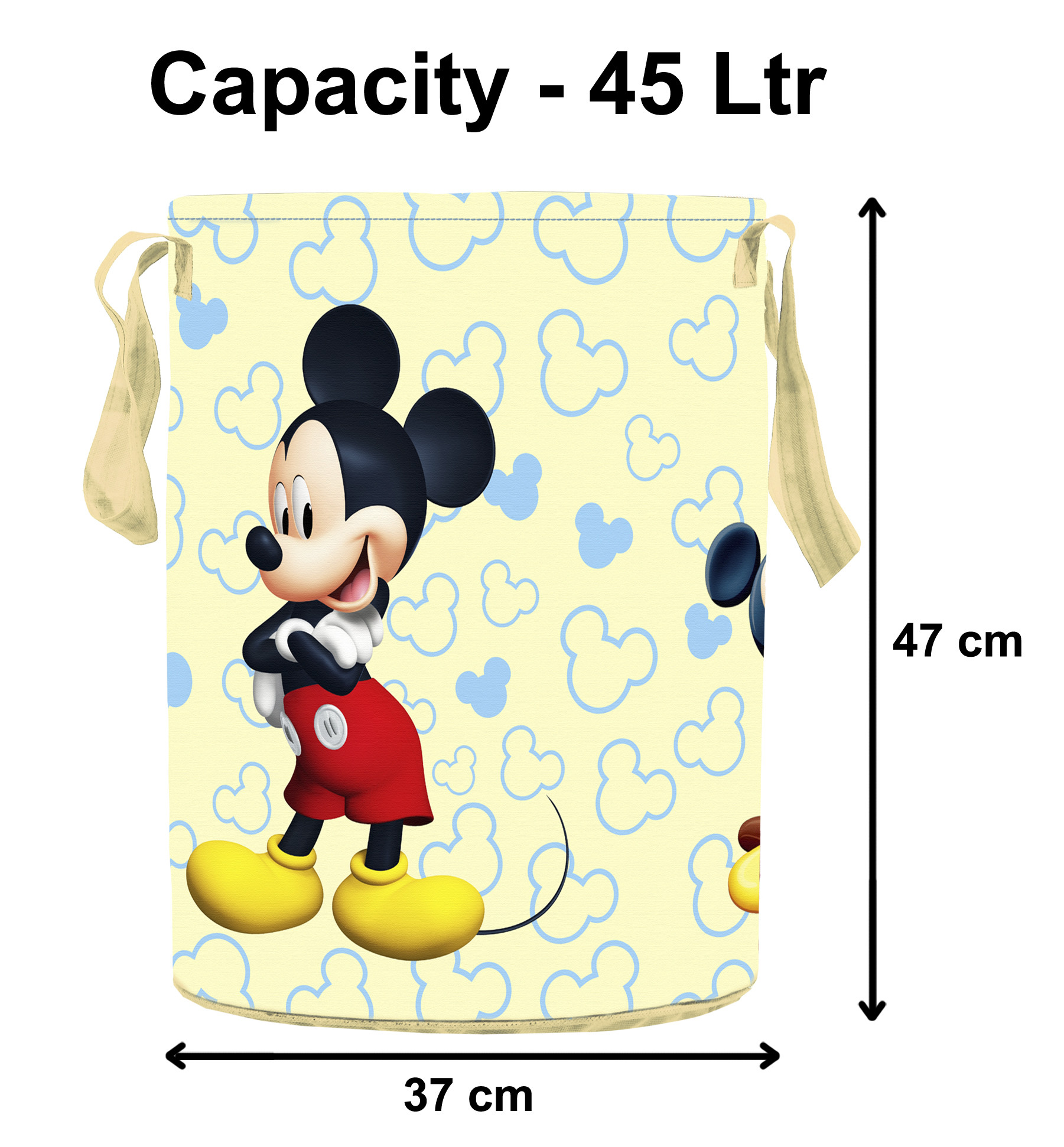 Kuber Industries Disney Team Mickey Round Non Woven Fabric Foldable Laundry Basket , Toy Storage Basket, Cloth Storage Basket With Handles,45 Ltr (Cream)-KUBMRT12049