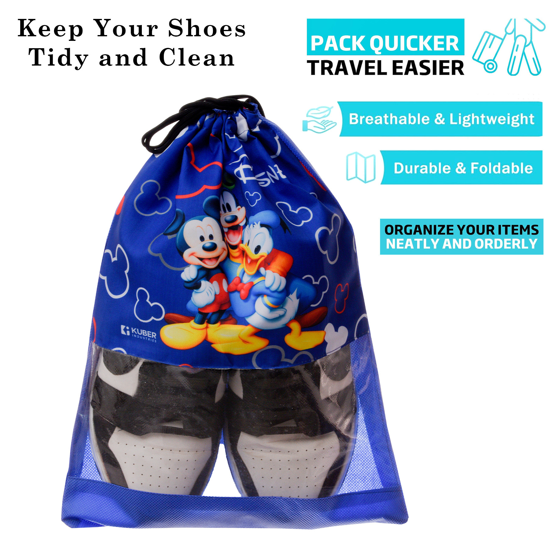 Kuber Industries Disney Team Mickey Shoe Cover  Travel Shoe Storage Bags  Polyester Storage Bag  Drawstring Shoe Cover  Shoe Organizer with Clear window  Pack of 6  Blue