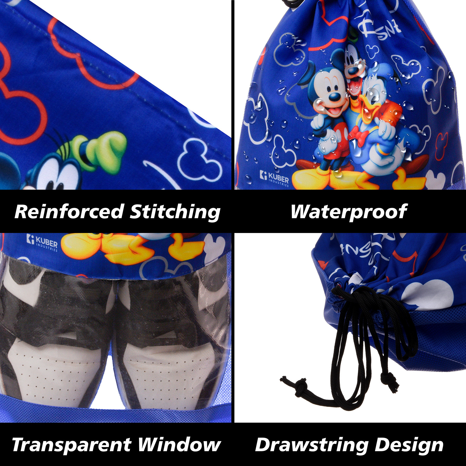 Kuber Industries Disney Team Mickey Shoe Cover  Travel Shoe Storage Bags  Polyester Storage Bag  Drawstring Shoe Cover  Shoe Organizer with Clear window  Pack of 6  Blue