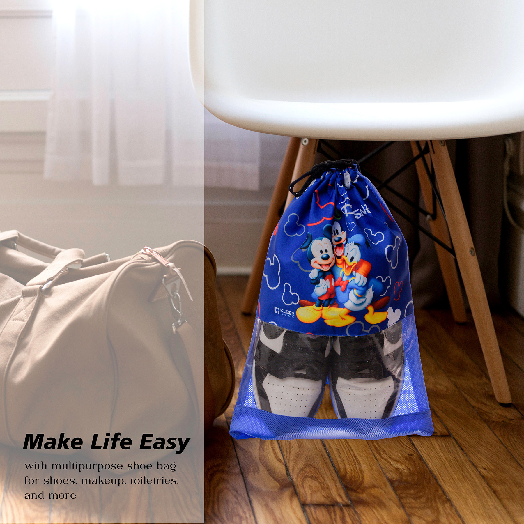 Kuber Industries Disney Team Mickey Shoe Cover  Travel Shoe Storage Bags  Polyester Storage Bag  Drawstring Shoe Cover  Shoe Organizer with Clear window  Pack of 6  Blue