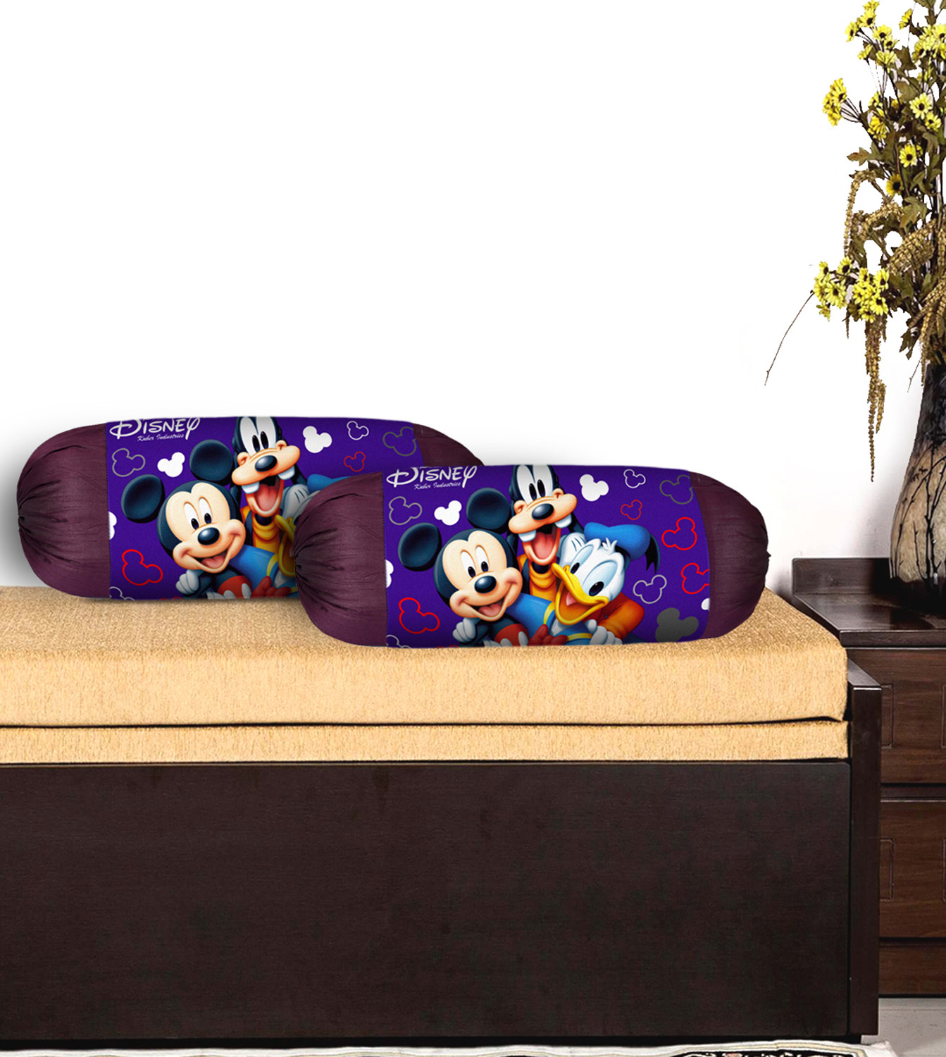 Kuber Industries Disney Team Minnie Mickey Print Silk Special long Crush Bolster Cover- Royal Blue & Pink