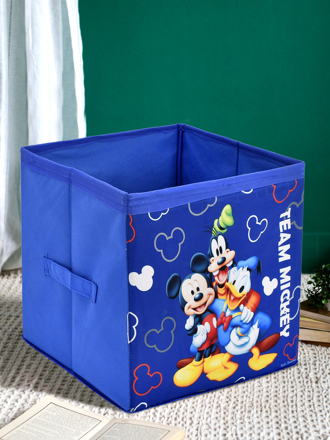 Kuber Industries Disney Team Minnie Print Non Woven Large Size Fabric Foldable Laundry Basket And Small Size Cube Toy,Books,Shoes Storage Box With Handle (Set Of 2, Blue)-KUBMRT11897