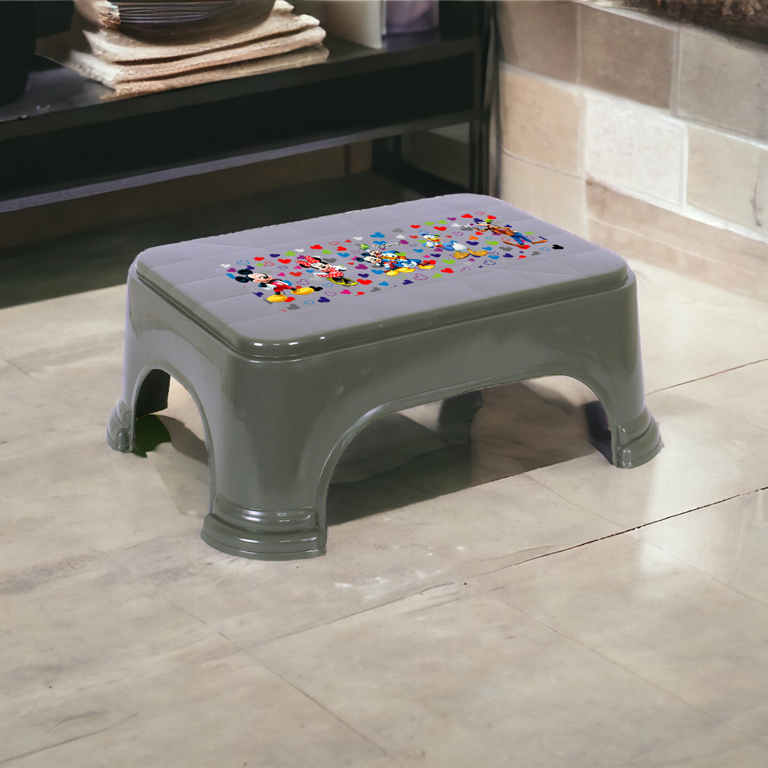 Kuber Industries Disney Team Stool  Bathroom Square Stool  Plastic Stool For Bathroom  Stool for Kitchen  Bathroom Patla  Support Stool for Bathroom  P6  Gray