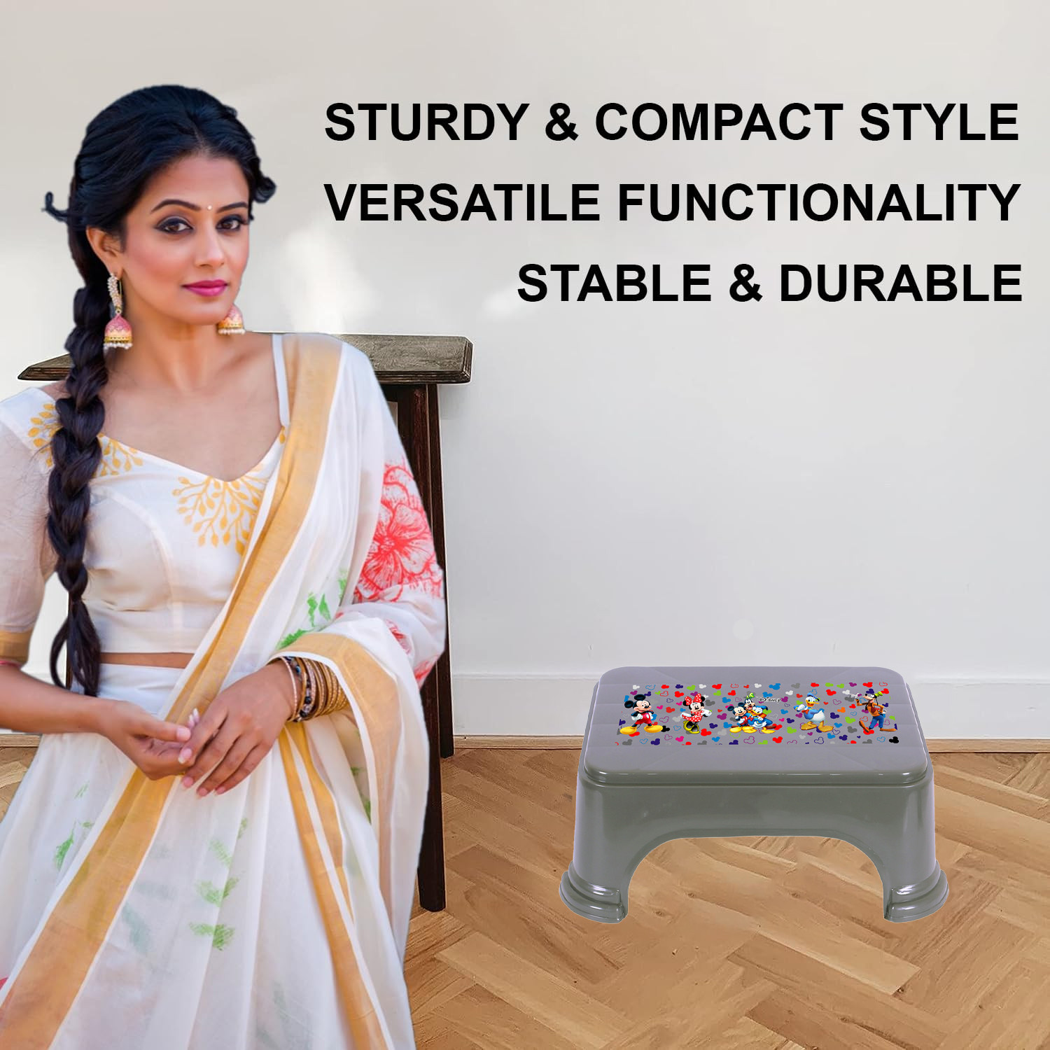 Kuber Industries Disney Team Stool  Bathroom Square Stool  Plastic Stool For Bathroom  Stool for Kitchen  Bathroom Patla  Support Stool for Bathroom  P6  Gray