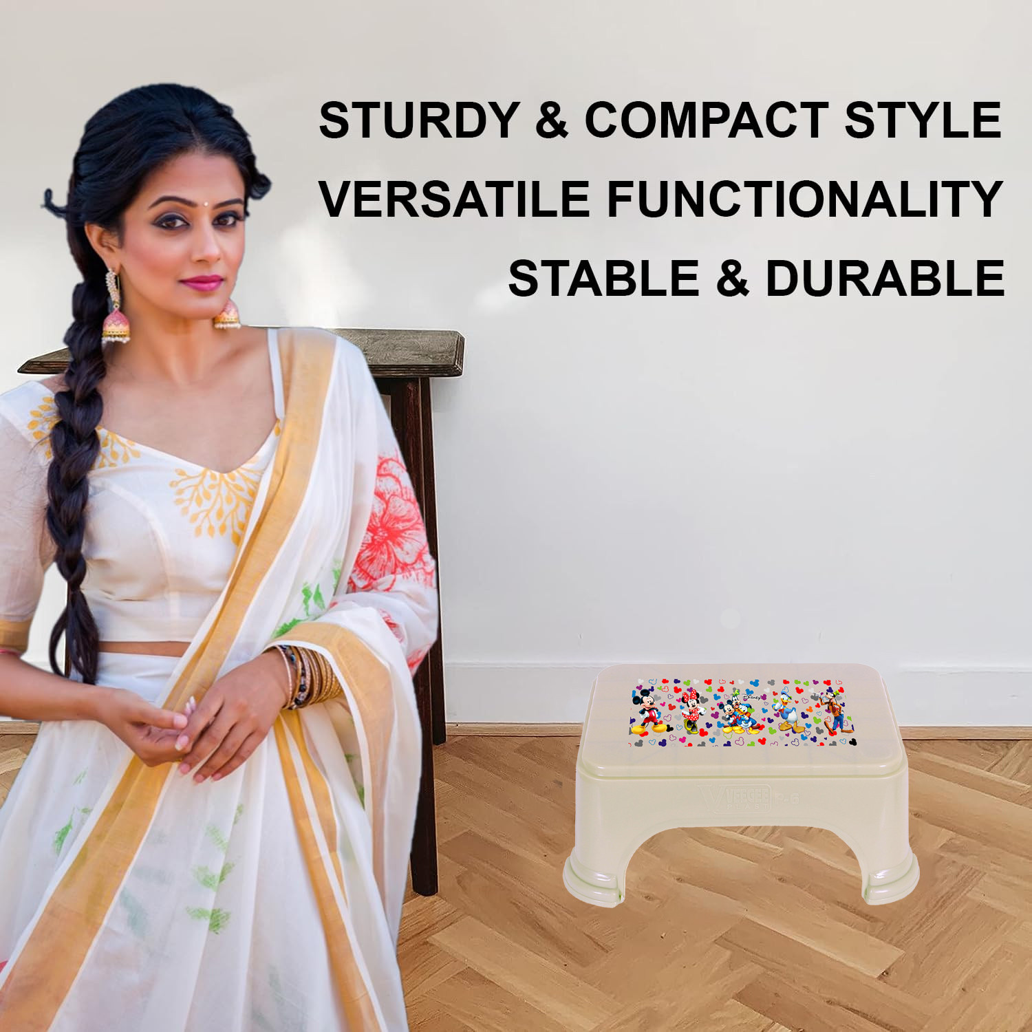 Kuber Industries Disney Team Stool  Bathroom Square Stool  Plastic Stool For Bathroom  Stool for Kitchen  Bathroom Patla  Support Stool for Bathroom  P6  Beige