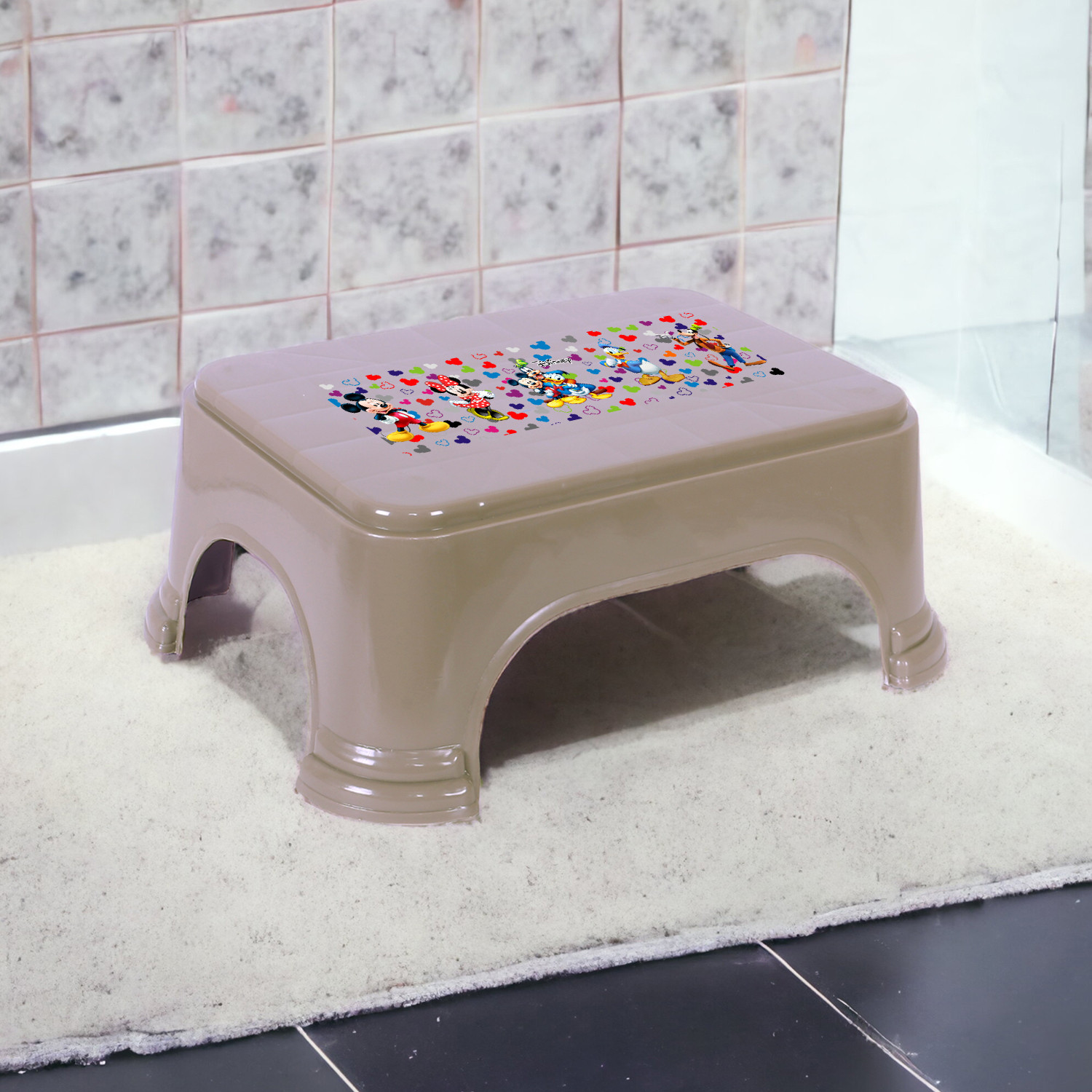 Kuber Industries Disney Team Stool | Bathroom Square Stool | Plastic Stool For Bathroom | Stool for Kitchen | Bathroom Patla | Support Stool for Bathroom | P6 | Brown