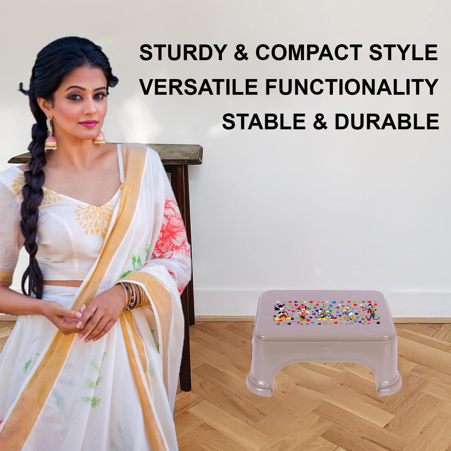 Kuber Industries Disney Team Stool | Bathroom Square Stool | Plastic Stool For Bathroom | Stool for Kitchen | Bathroom Patla | Support Stool for Bathroom | P6 | Brown