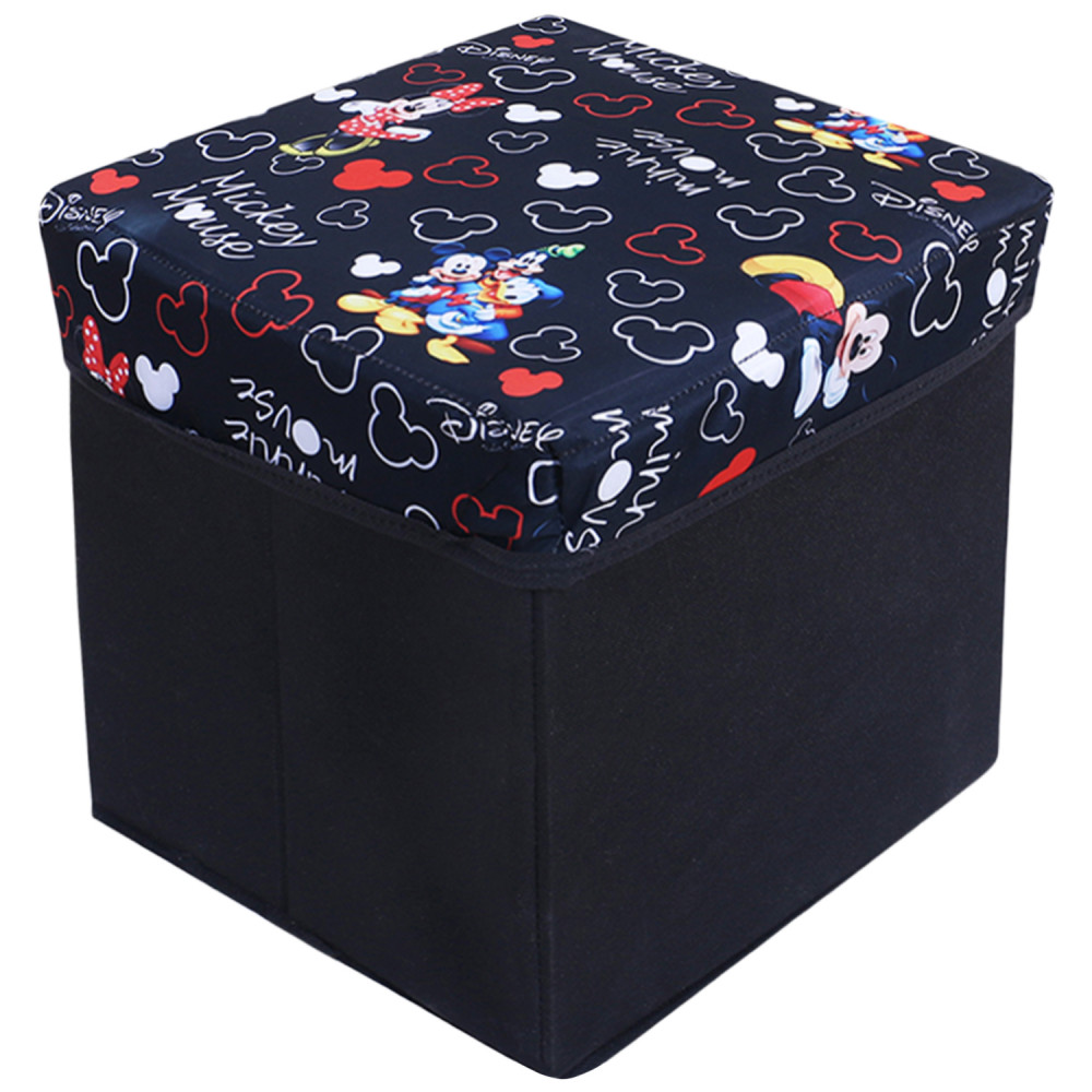 Kuber Industries Disney Team Storage Stool|Lid Print Foldable Storage Box|MDF Wooden Sitting Stool|Stool For Living Room|Sitting Storage Box|Storage Box For Toys (Black)