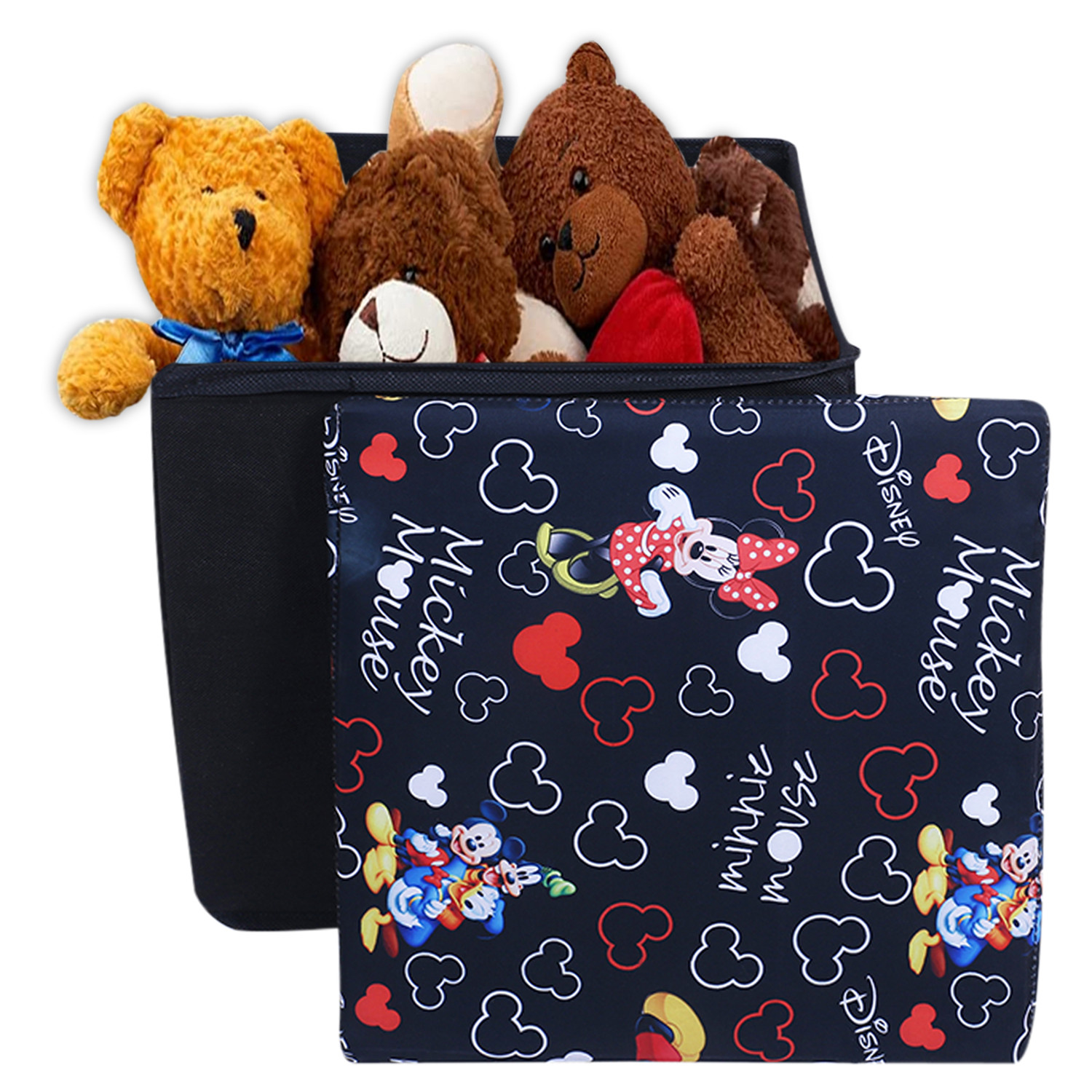 Kuber Industries Disney Team Storage Stool|Lid Print Foldable Storage Box|MDF Wooden Sitting Stool|Stool For Living Room|Sitting Storage Box|Storage Box For Toys (Black)