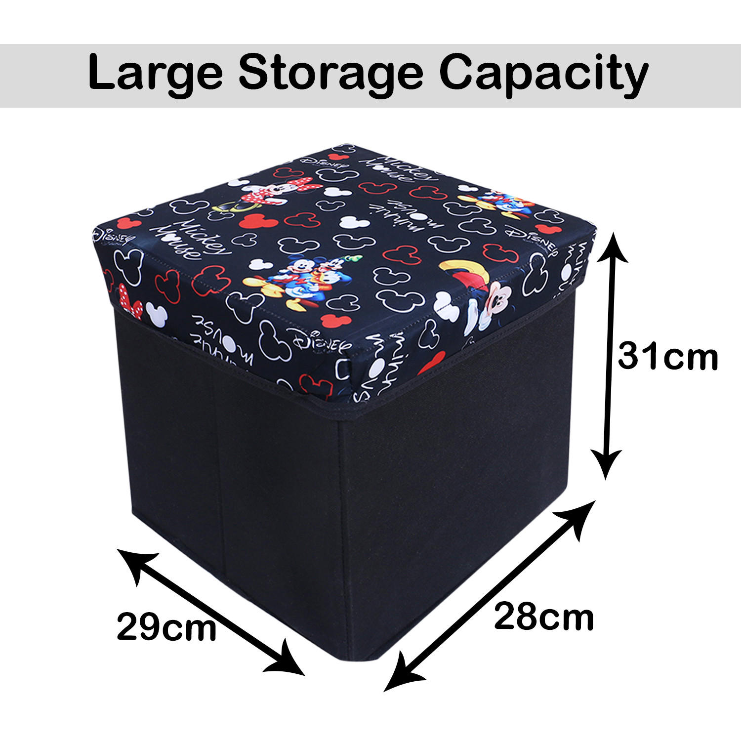 Kuber Industries Disney Team Storage Stool|Lid Print Foldable Storage Box|MDF Wooden Sitting Stool|Stool For Living Room|Sitting Storage Box|Storage Box For Toys (Black)