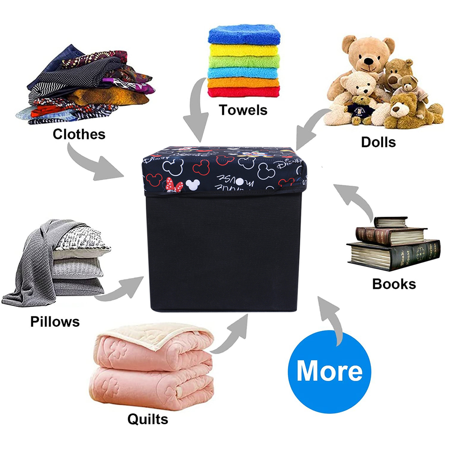 Kuber Industries Disney Team Storage Stool|Lid Print Foldable Storage Box|MDF Wooden Sitting Stool|Stool For Living Room|Sitting Storage Box|Storage Box For Toys (Black)