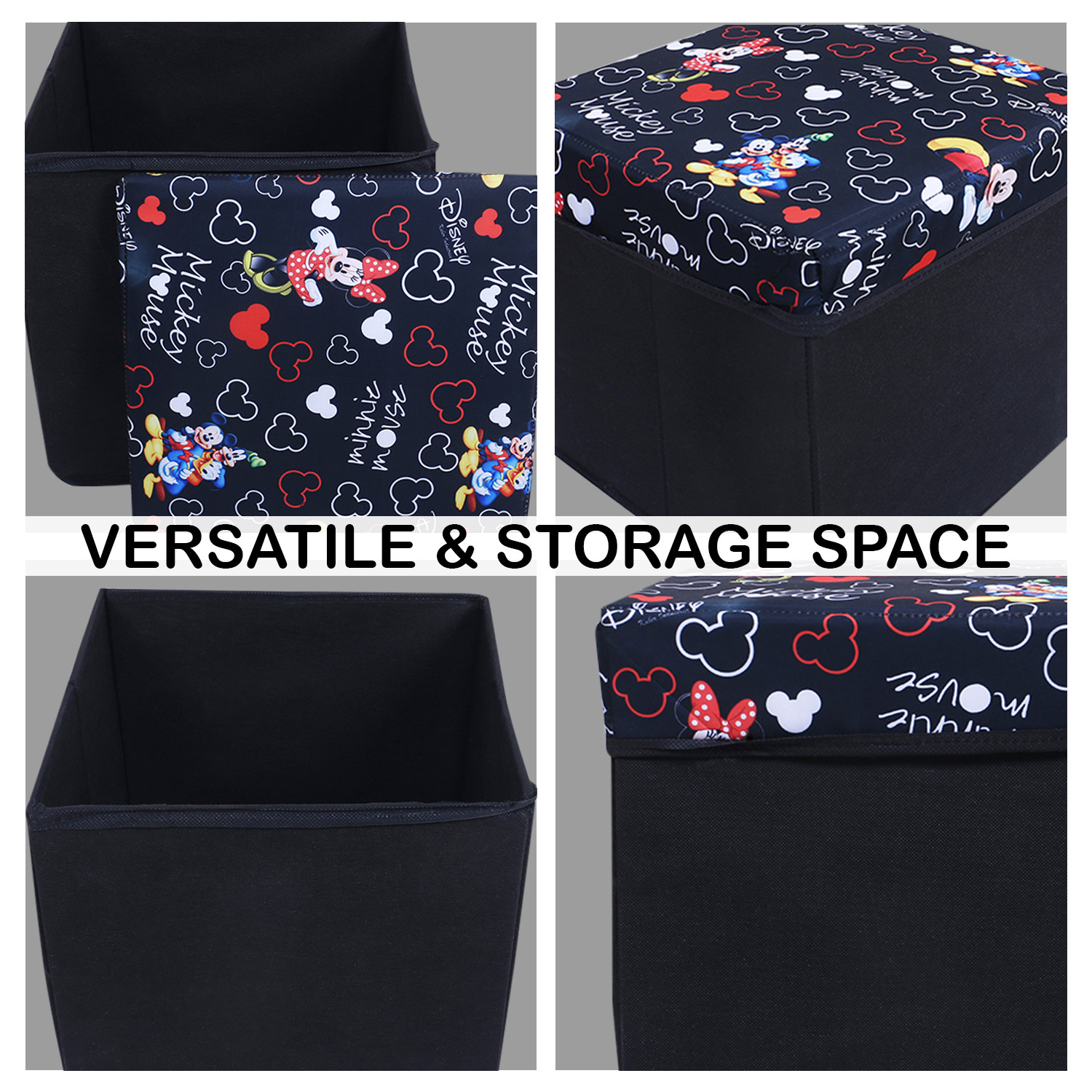 Kuber Industries Disney Team Storage Stool|Lid Print Foldable Storage Box|MDF Wooden Sitting Stool|Stool For Living Room|Sitting Storage Box|Storage Box For Toys (Black)