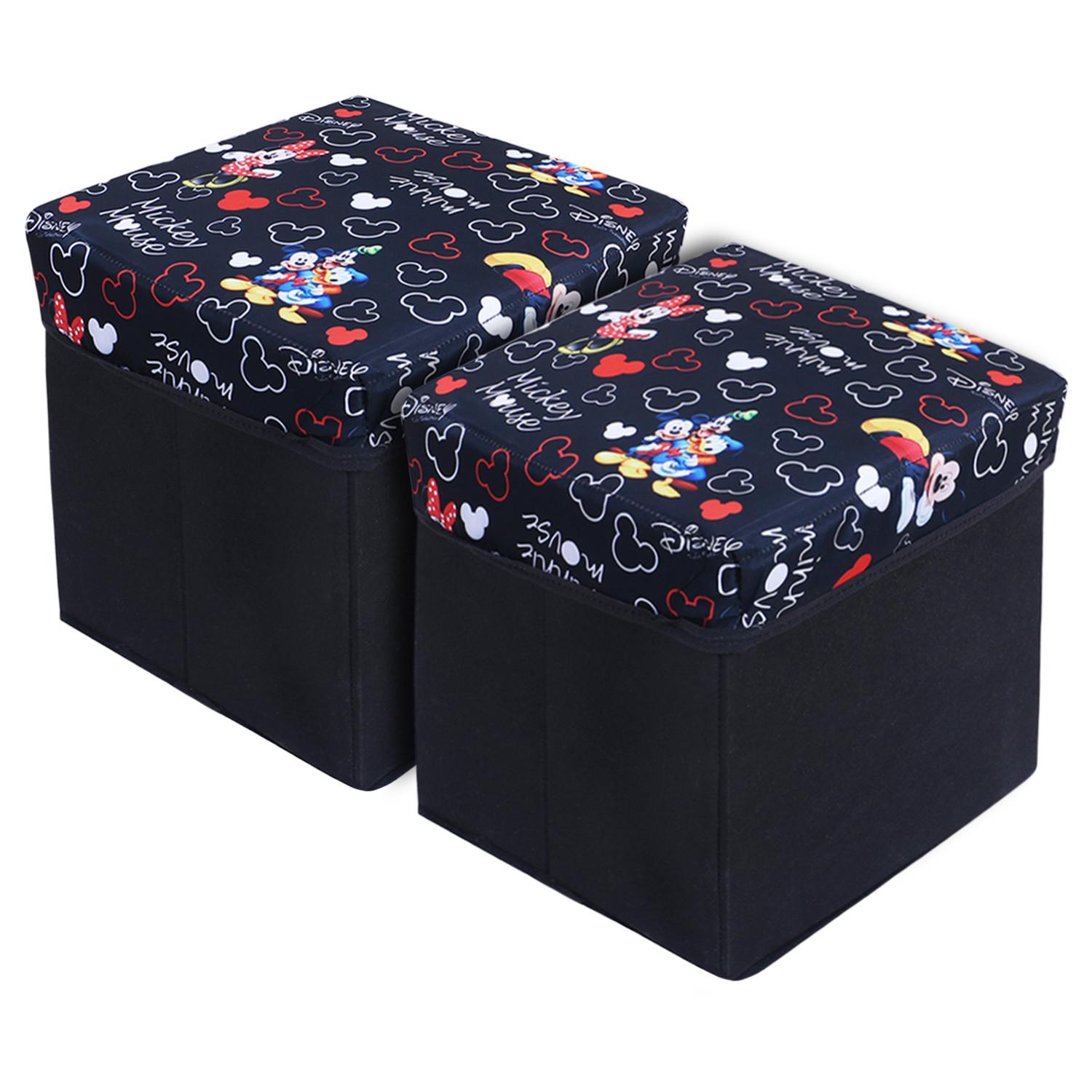 Kuber Industries Disney Team Storage Stool|Lid Print Foldable Storage Box|MDF Wooden Sitting Stool|Stool For Living Room|Sitting Storage Box|Storage Box For Toys (Black)