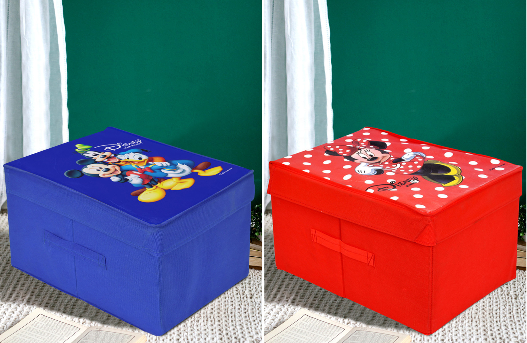 Kuber Industries Disney Tram Minnie Mickey Mouse Print Non Woven 2 Pieces Fabric Foldable Saree Cover Storage Organizer Box with With Lid, Extra Large (Red & Royal Blue)-KUBMART1734