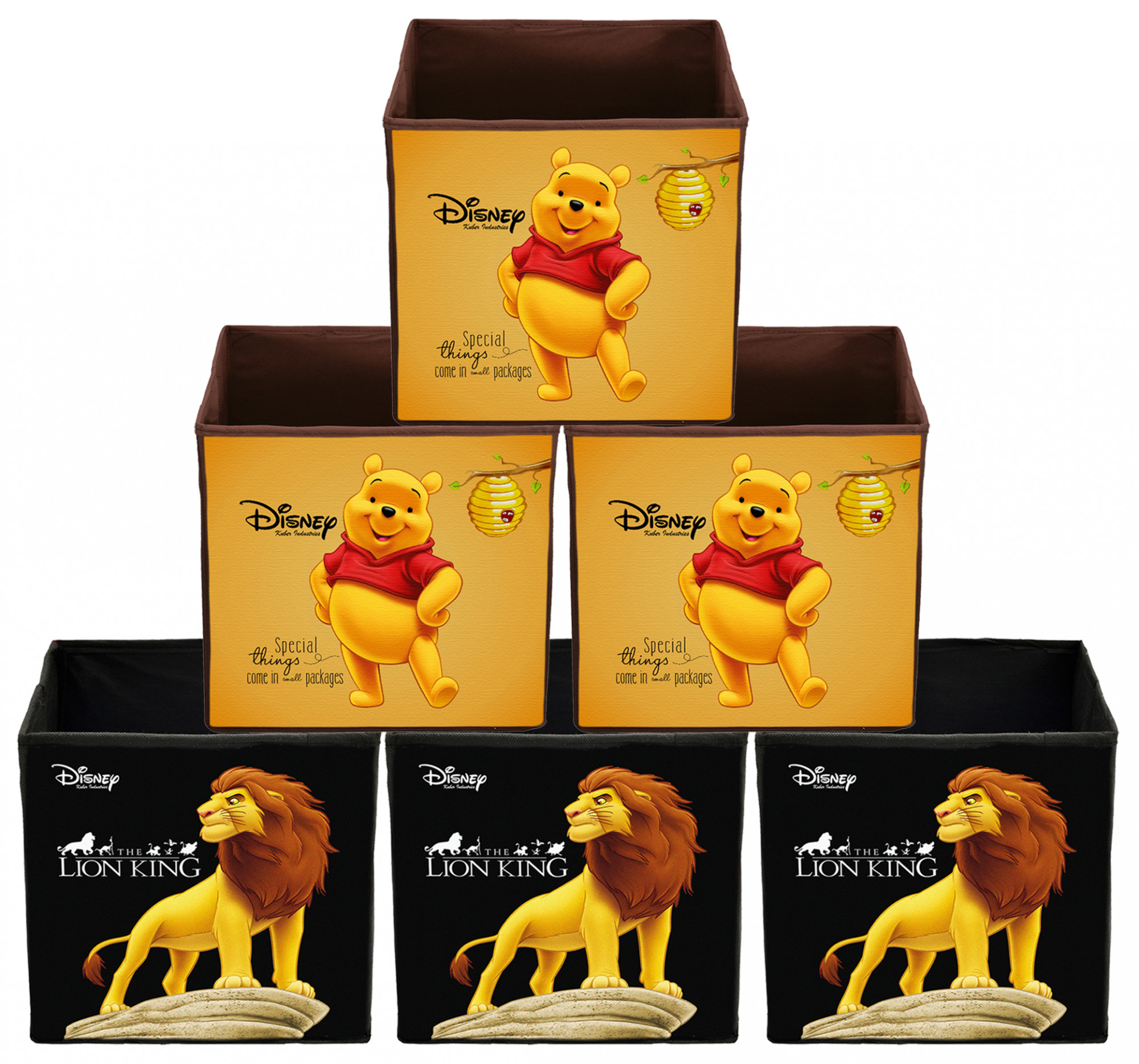 Kuber Industries Disney Winnie-The-Pooh & Lion King Print Non Woven Fabric Foldable Large Size Storage Cube Toy,Books,Shoes Storage Box With Handle (Black & Brown)