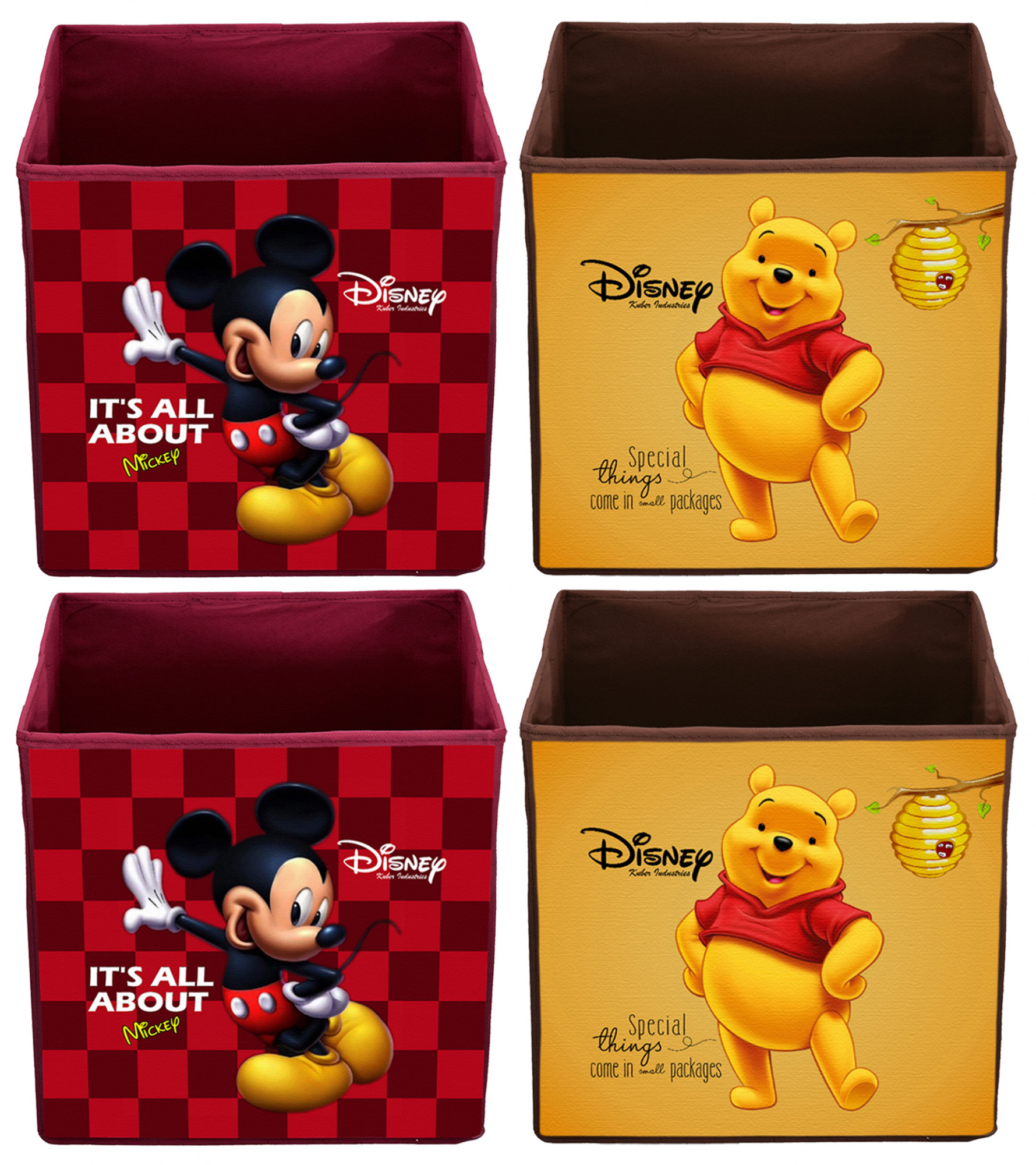 Kuber Industries Disney Winnie-The-Pooh & Mickey Print Non Woven Fabric Foldable Large Size Storage Cube Toy,Books,Shoes Storage Box With Handle (Maroon & Brown)