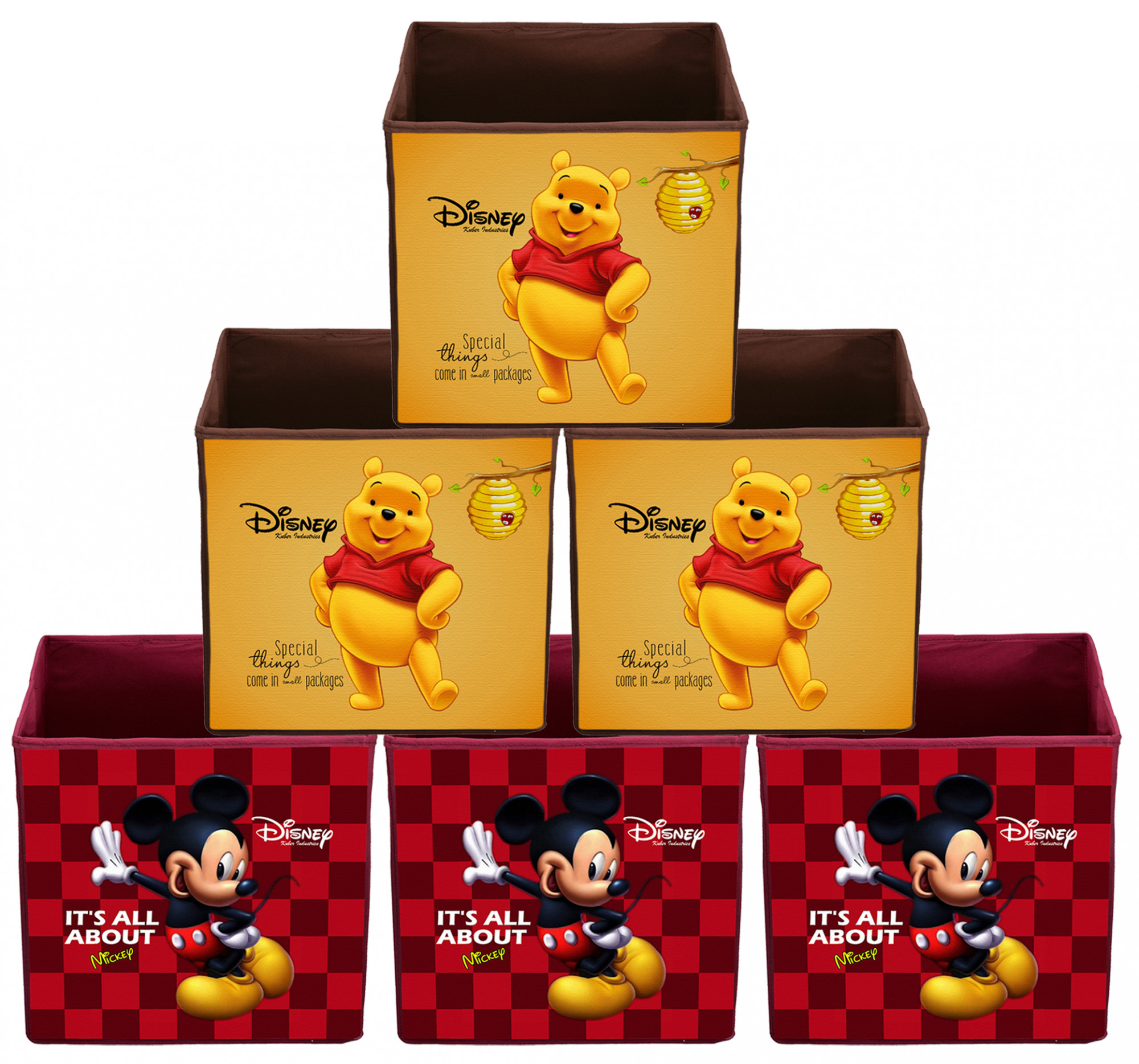 Kuber Industries Disney Winnie-The-Pooh & Mickey Print Non Woven Fabric Foldable Large Size Storage Cube Toy,Books,Shoes Storage Box With Handle (Maroon & Brown)