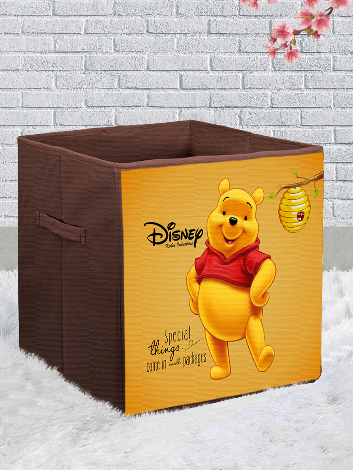 Kuber Industries Disney Winnie-The-Pooh Print Non Woven Fabric Foldable Large Size Cloth Storage Box Toy,Books Wardrobe Organiser Cube With Handle (Brown)