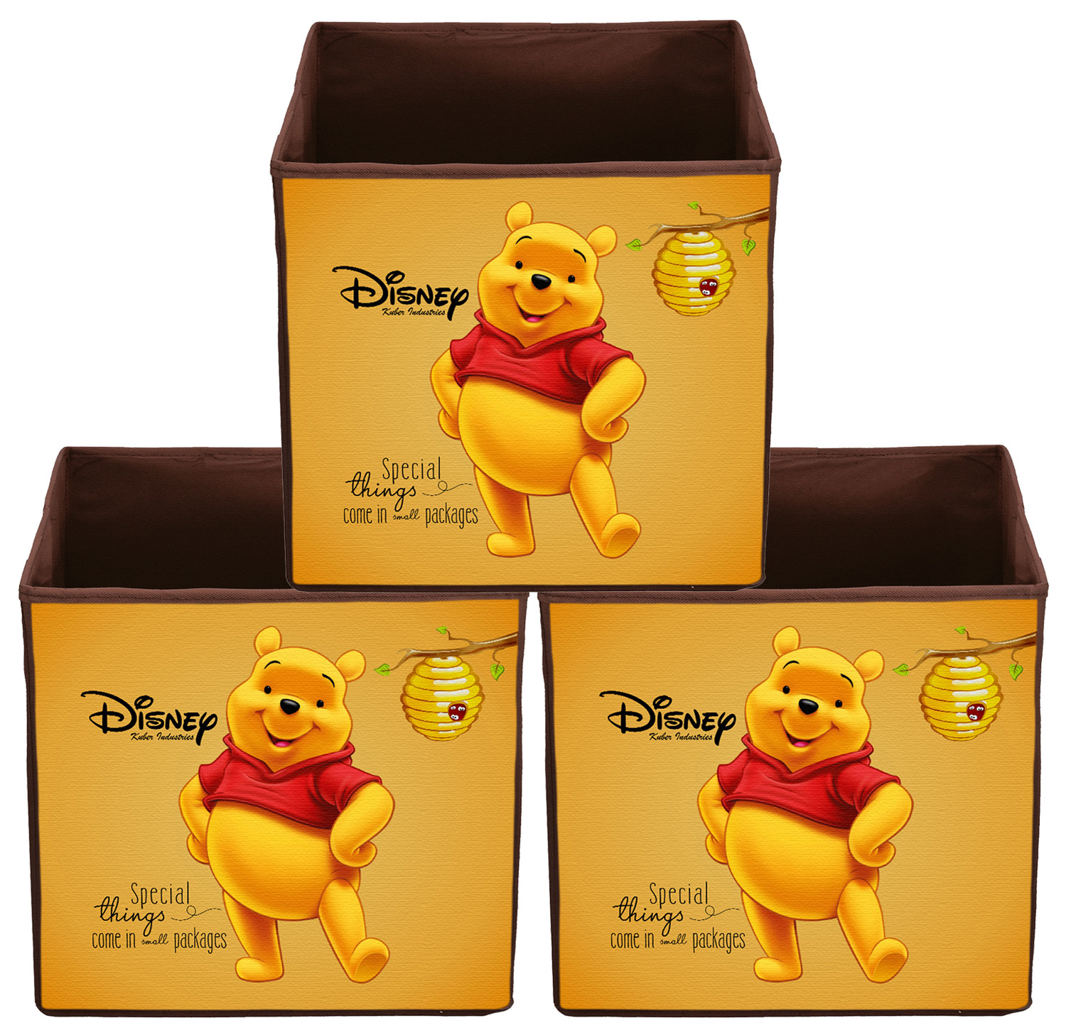 Kuber Industries Disney Winnie-The-Pooh Print Non Woven Fabric Foldable Large Size Cloth Storage Box Toy,Books Wardrobe Organiser Cube With Handle (Brown)