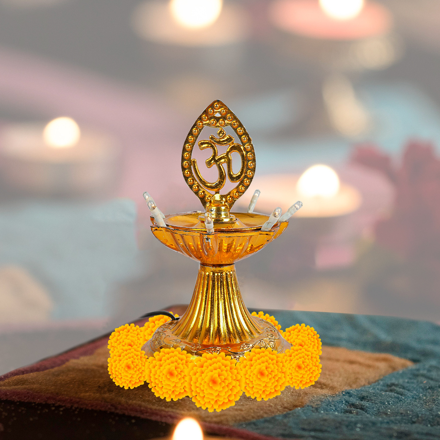 Kuber Industries Diwali Lights | Diwali String Light For Décor | Lights for Christmas | Lights for Navratri | Pooja Light For Diwali | Lights for Indoor | LED 1 Layer Diya Stand | Golden