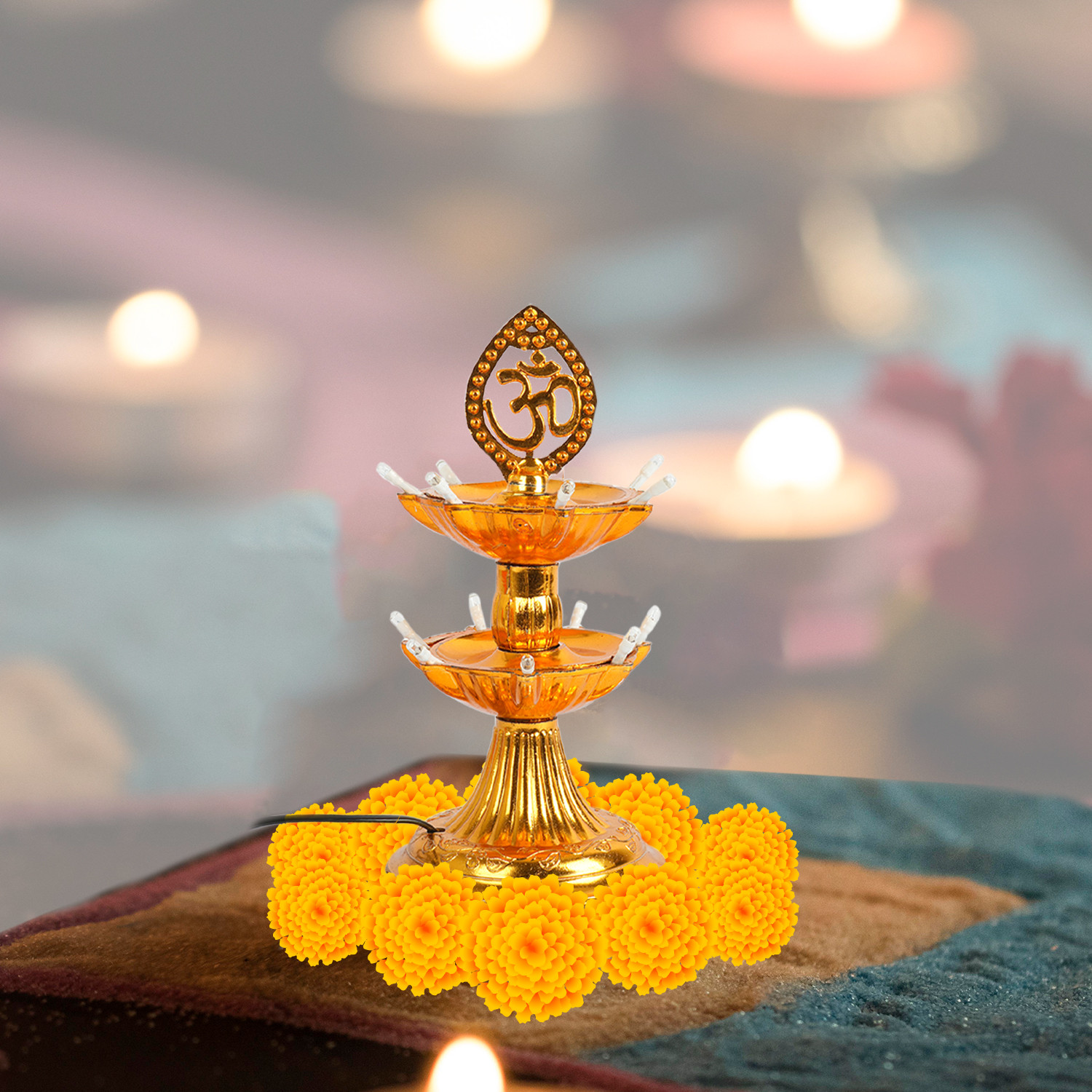 Kuber Industries Diwali Lights | Diwali String Light For Décor | Lights for Christmas | Lights for Navratri | Pooja Light For Diwali | Lights for Indoor | LED 2 Layer Diya Stand | Golden