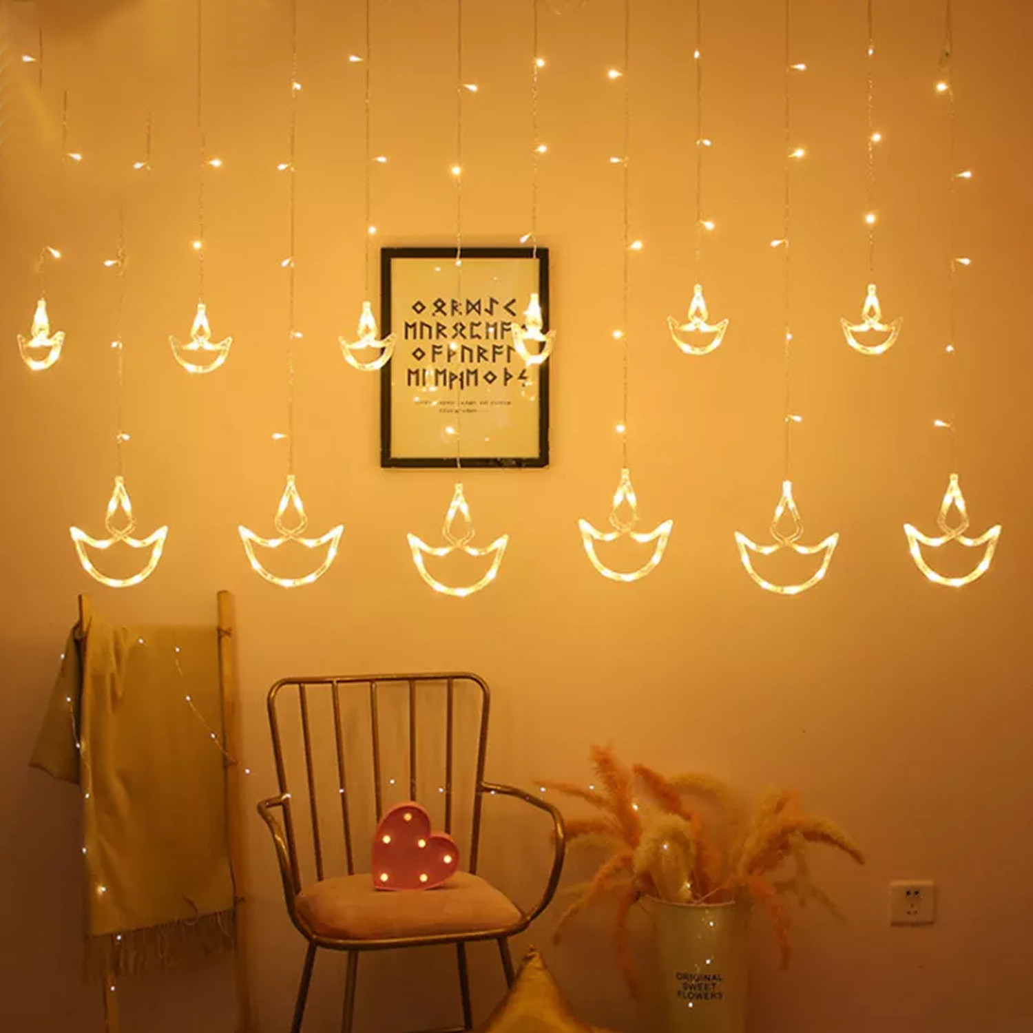 Kuber Industries Diya Shape String Lights|6 Big And 6 Small Window Decoration Lights|String Fairy Lights For Christmas,New Year,Diwali (Warm White)
