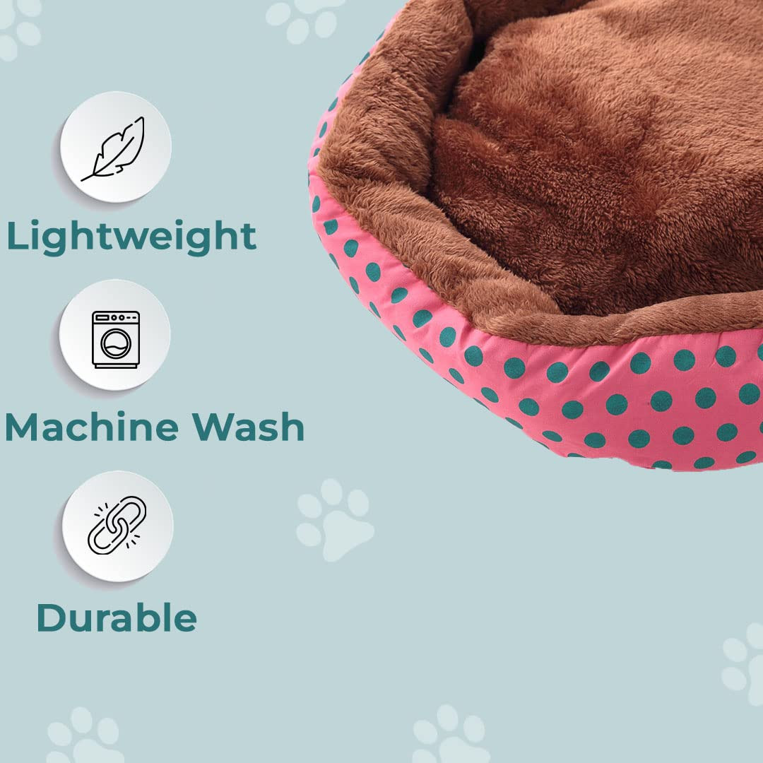 Kuber Industries Dog & Cat Bed|Soft Plush Top Pet Bed|Oxford Cloth Polyester Filling|Medium Washable Dog Bed|Circular Cat Bed with Rise-Edge Pillow|QY039RC-M|Red & Coffee