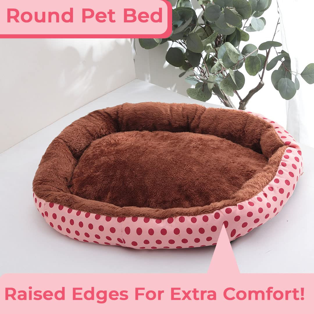 Kuber Industries Dog & Cat Bed|Soft Plush Top Pet Bed|Oxford Cloth Polyester Filling|Medium Washable Dog Bed|Circular Cat Bed with Rise-Edge Pillow|QY039PC-M|Pink & Coffee