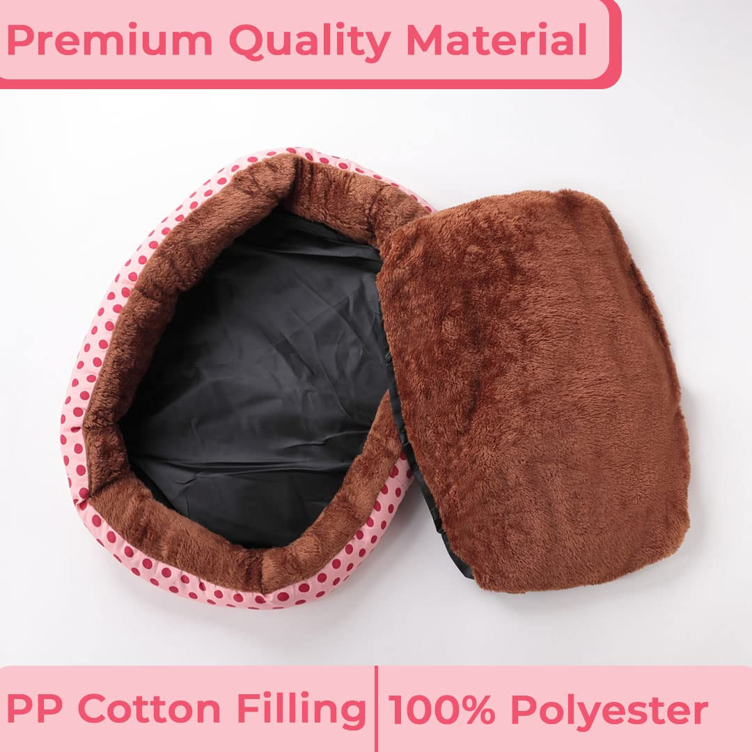 Kuber Industries Dog & Cat Bed|Soft Plush Top Pet Bed|Oxford Cloth Polyester Filling|Medium Washable Dog Bed|Circular Cat Bed with Rise-Edge Pillow|QY039PC-M|Pink & Coffee
