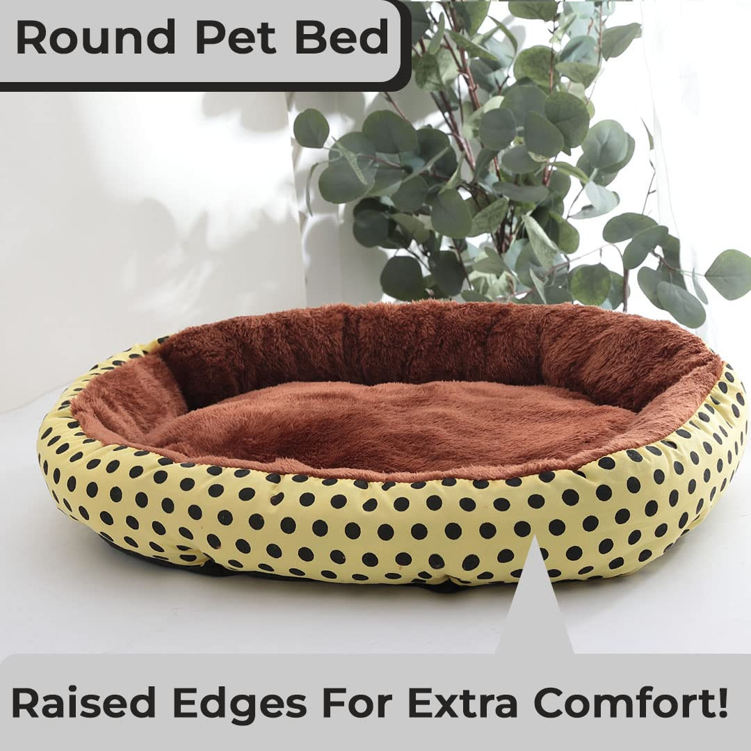 Kuber Industries Dog & Cat Bed|Soft Plush Top Pet Bed|Oxford Cloth Polyester Filling|Medium Washable Dog Bed|Circular Cat Bed with Rise-Edge Pillow|QY039YC-M|Yellow & Coffee