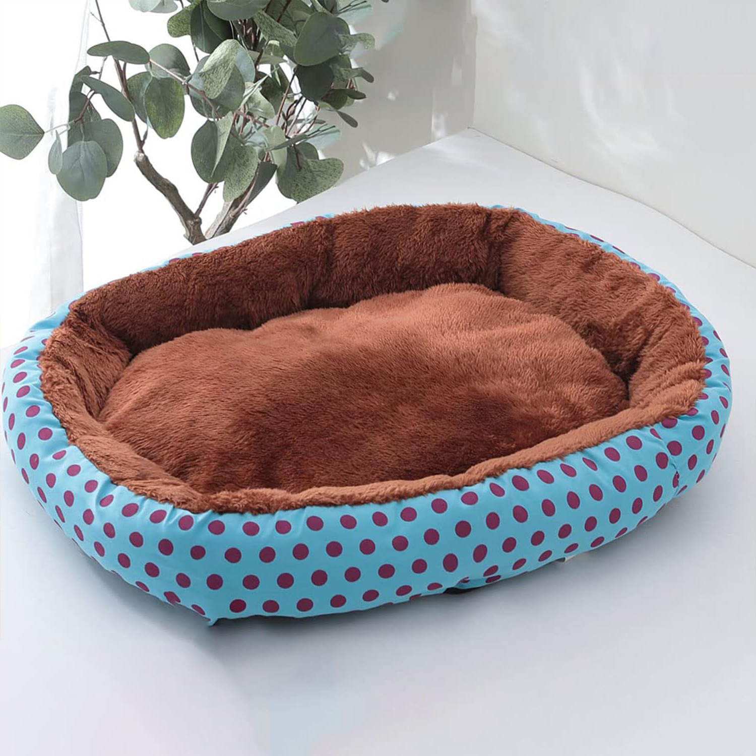 Kuber Industries Dog & Cat Bed|Soft Plush Top Pet Bed|Oxford Cloth Polyester Filling|Medium Washable Dog Bed|Circular Cat Bed with Rise-Edge Pillow|QY039BC-L|Blue & Coffee