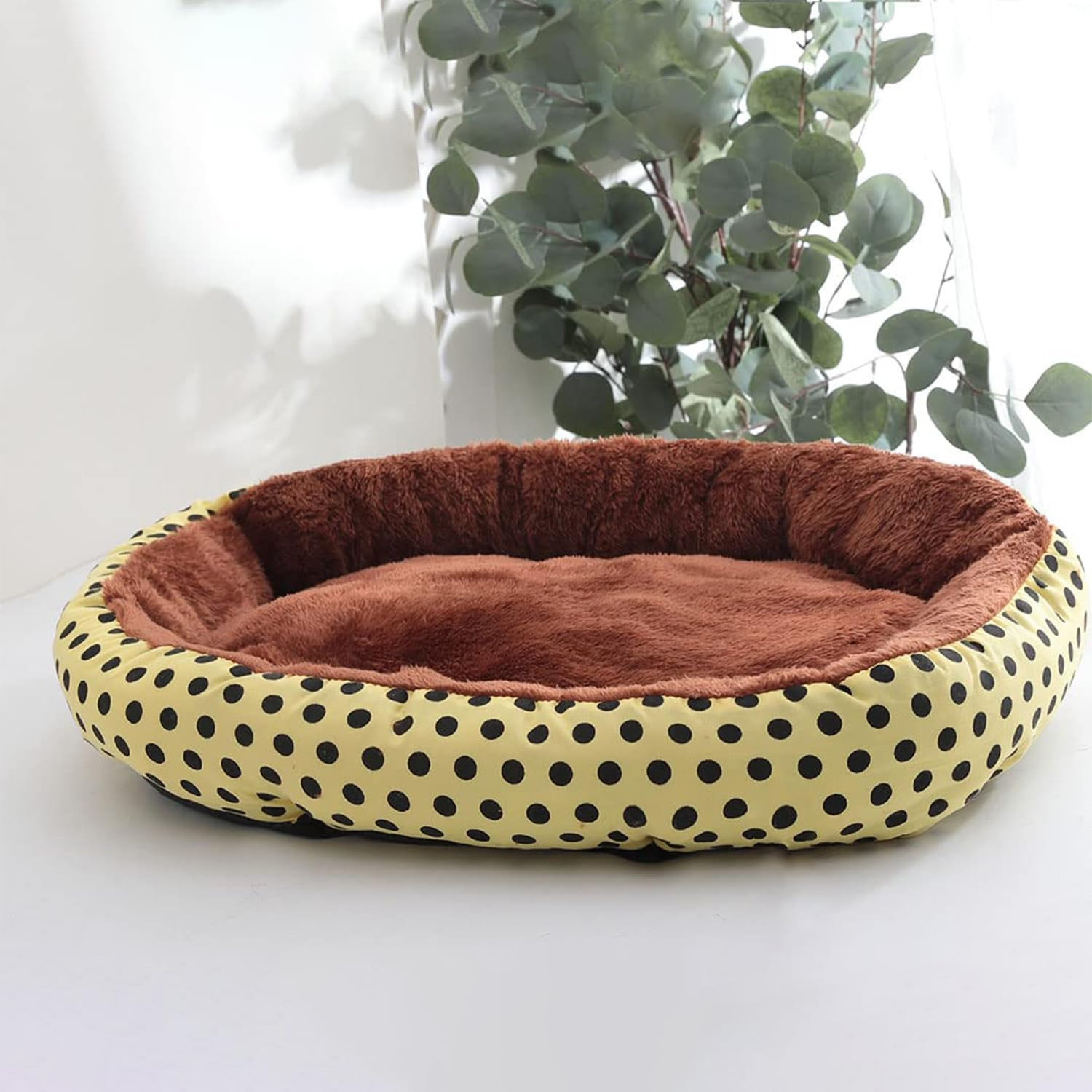Kuber Industries Dog & Cat Bed|Soft Plush Top Pet Bed|Oxford Cloth Polyester Filling|Medium Washable Dog Bed|Circular Cat Bed with Rise-Edge Pillow|QY039YC-L|Yellow & Coffee