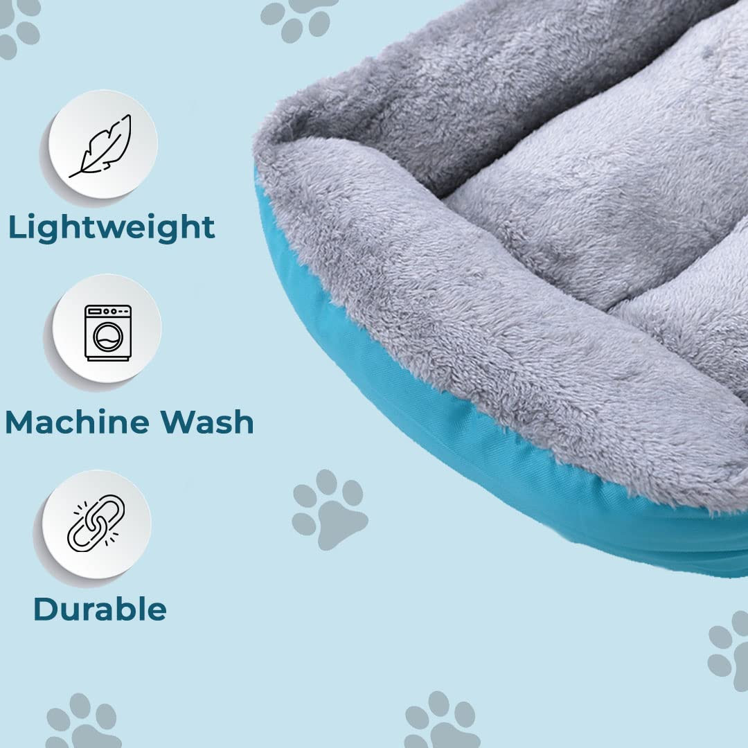 Kuber Industries Dog & Cat Bed|Super Soft Plush Top Pet Bed|Oxford Cloth Polyester Filling|Machine Washable Dog Bed|Rectangular Cat Bed with Rise-Edge Pillow|QY036B-S|Sky Blue