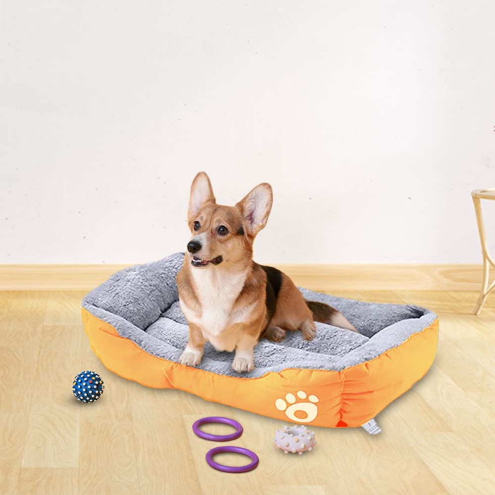 Kuber Industries Dog & Cat Bed|Super Soft Plush Top Pet Bed|Oxford Cloth Polyester Filling|Machine Washable Dog Bed|Rectangular Cat Bed with Rise-Edge Pillow|QY036OR-L|Orange