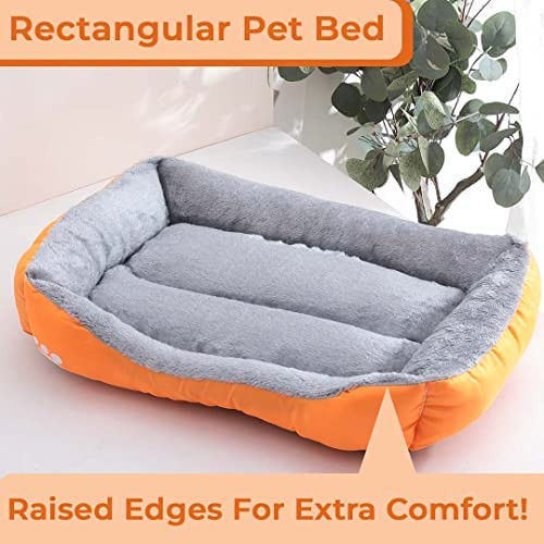 Kuber Industries Dog & Cat Bed|Super Soft Plush Top Pet Bed|Oxford Cloth Polyester Filling|Machine Washable Dog Bed|Rectangular Cat Bed with Rise-Edge Pillow|QY036OR-L|Orange