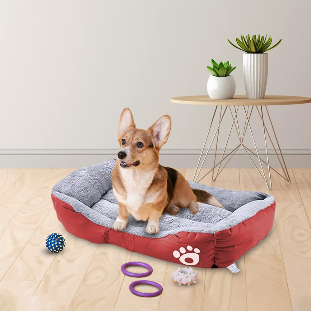 Kuber Industries Dog & Cat Bed|Super Soft Plush Top Pet Bed|Oxford Cloth Polyester Filling|Machine Washable Dog Bed|Rectangular Cat Bed with Rise-Edge Pillow|QY036R-L|Red