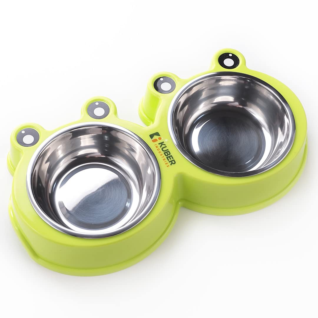 Kuber Industries Dog Food Bowl|Stainless Steel,PVC Material Dog Bowls|Non Slip,Durable,Sturdy,Non Toxic|Perfect Dog Accessories for Indoor & Outdoor Use|A1009G|Green