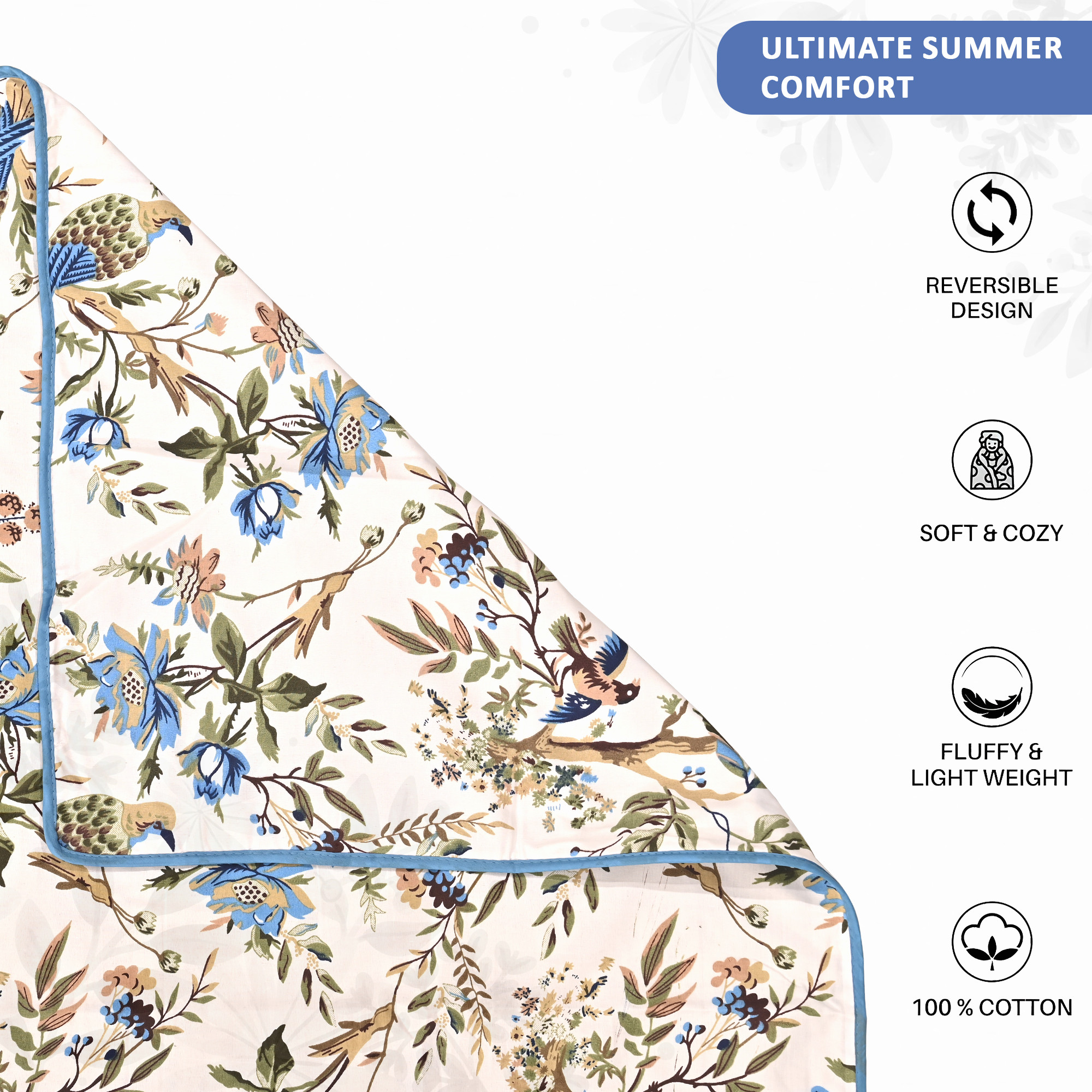Kuber Industries Dohar Double Bed Cotton AC Blanket for Summer  Lightweight Comforter Winter Rajai Bird Print Dohar - Blue  White