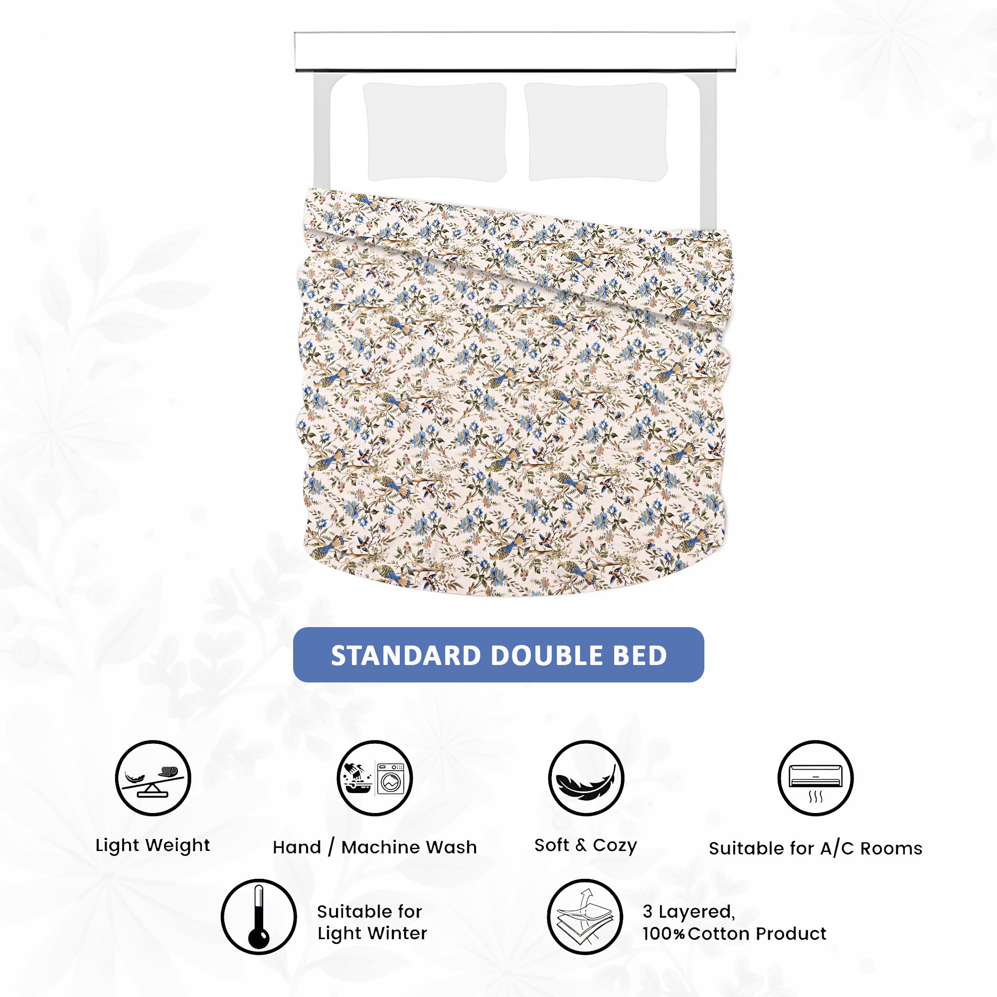 Kuber Industries Dohar Double Bed Cotton AC Blanket for Summer  Lightweight Comforter Winter Rajai Bird Print Dohar - Blue  White