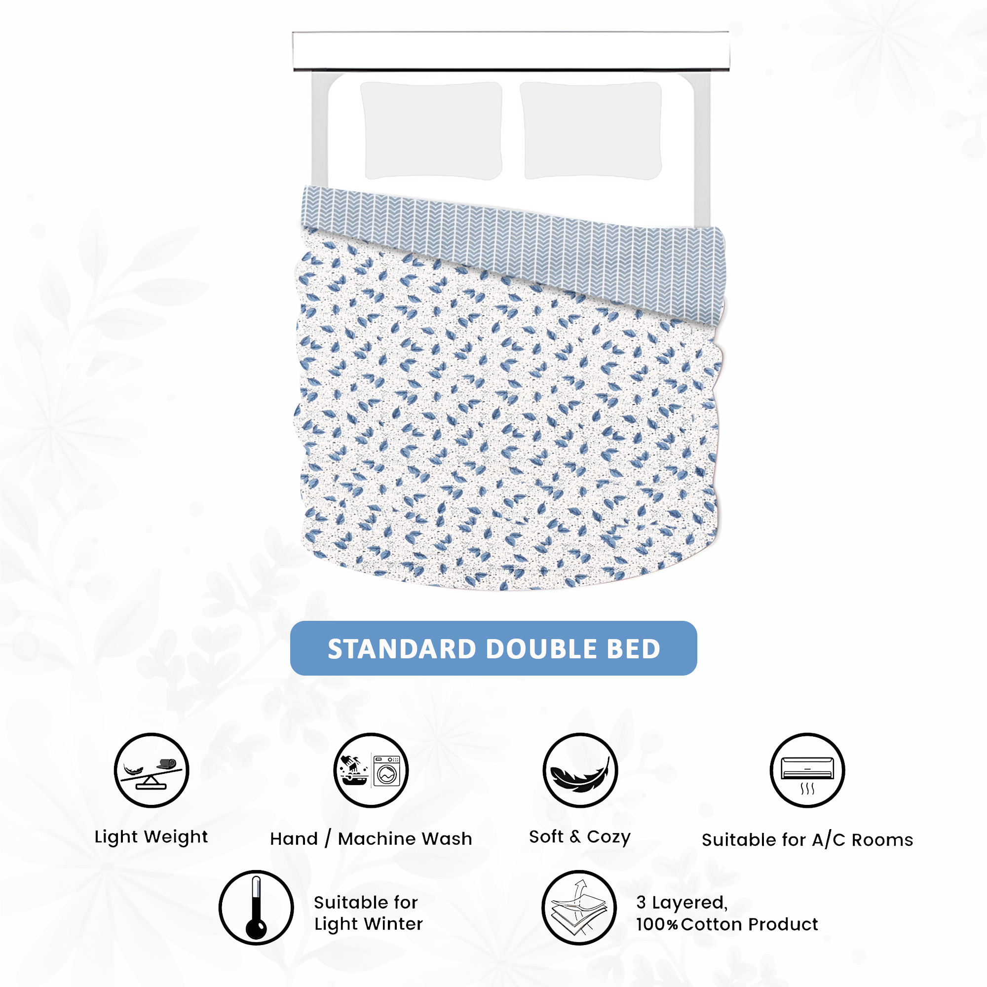 Kuber Industries Dohar Double Bed Cotton AC Blanket for Summer  Lightweight Comforter Winter Rajai Leaf Print Dohar - White  Blue