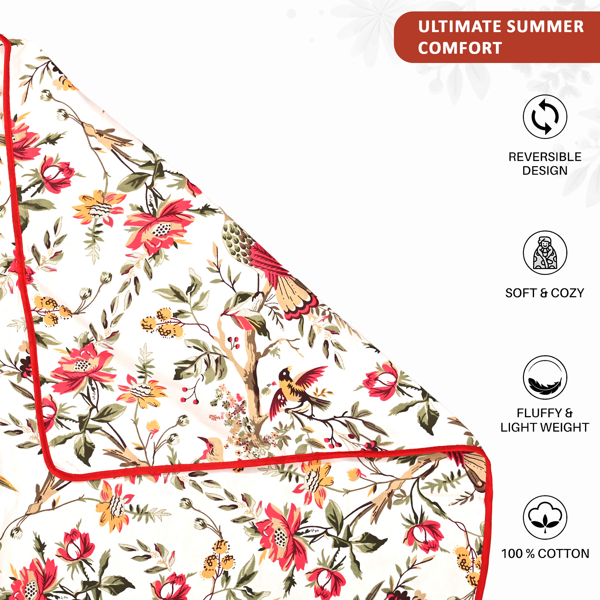 Kuber Industries Dohar Double Bed Cotton AC Blanket for Summer  Lightweight Comforter Winter Rajai Red Bird Print Dohar - White  Red