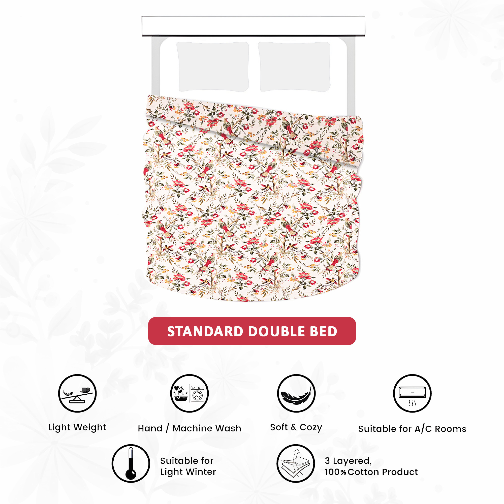 Kuber Industries Dohar Double Bed Cotton AC Blanket for Summer  Lightweight Comforter Winter Rajai Red Bird Print Dohar - White  Red