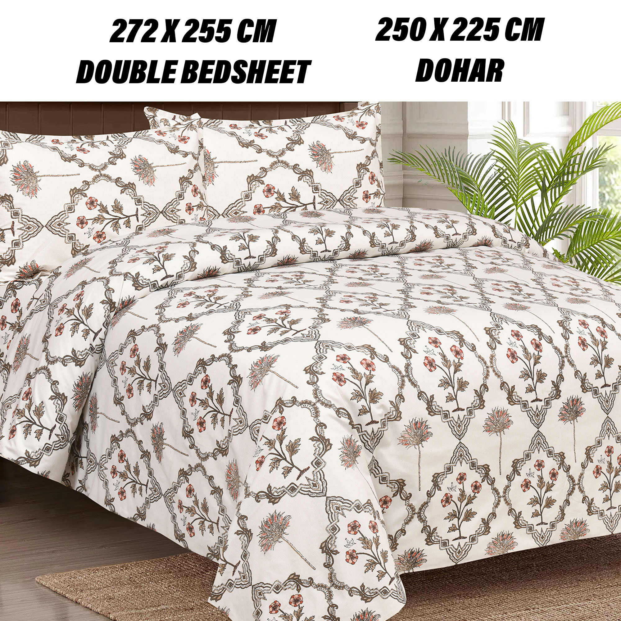 Kuber Industries Dohar Set | 1 Piece Double Bedsheet with 2 Pillow Cover & Dohar Combo Set | Bedsheet & AC Blanket Set for Bedroom | Comforter | Quilt | Pushpa Flower Star | Set of 4 | Brown